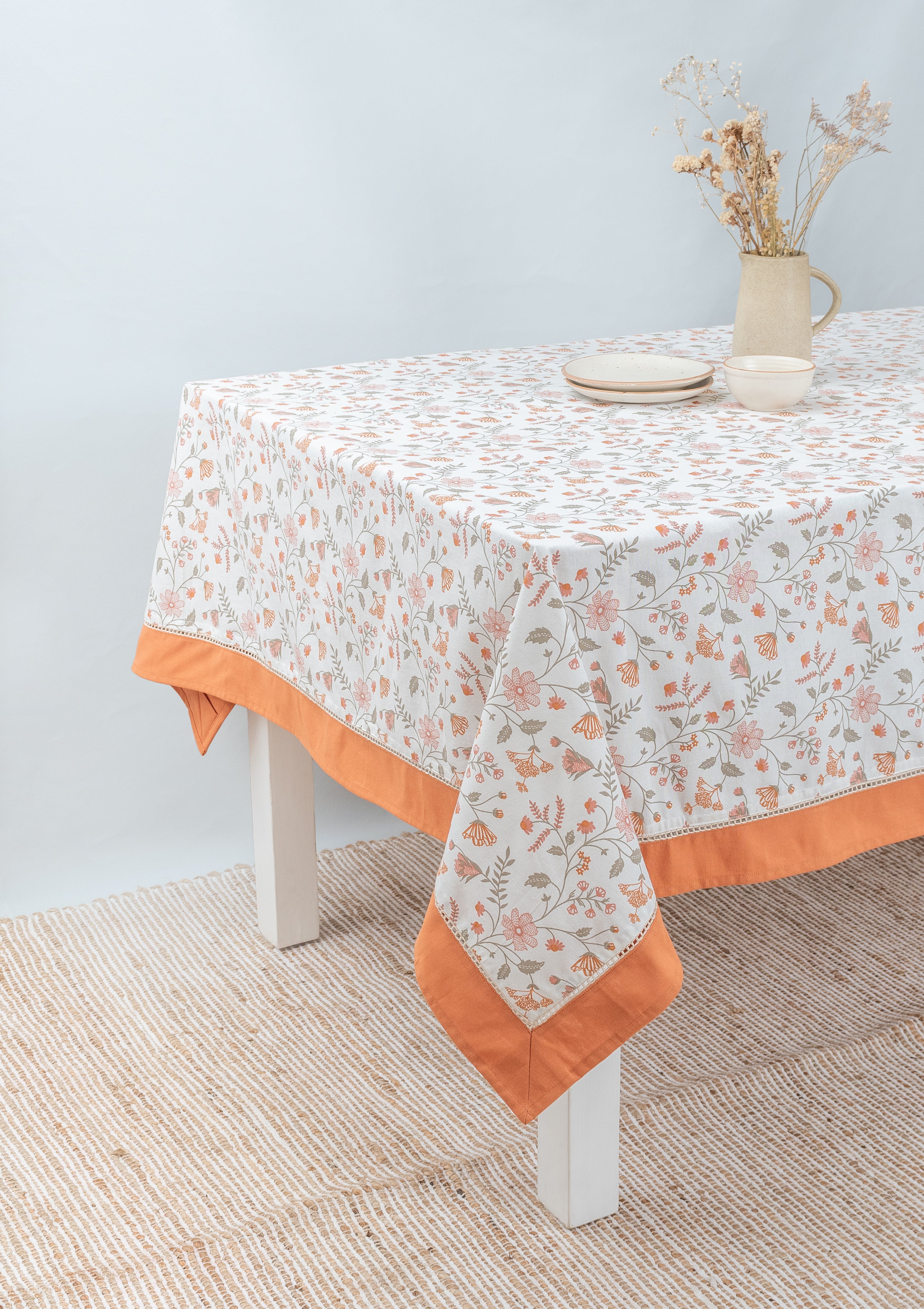 Forest bloom 100% cotton floral table cloth for 4 seater or 6 seater Dining  With solid border