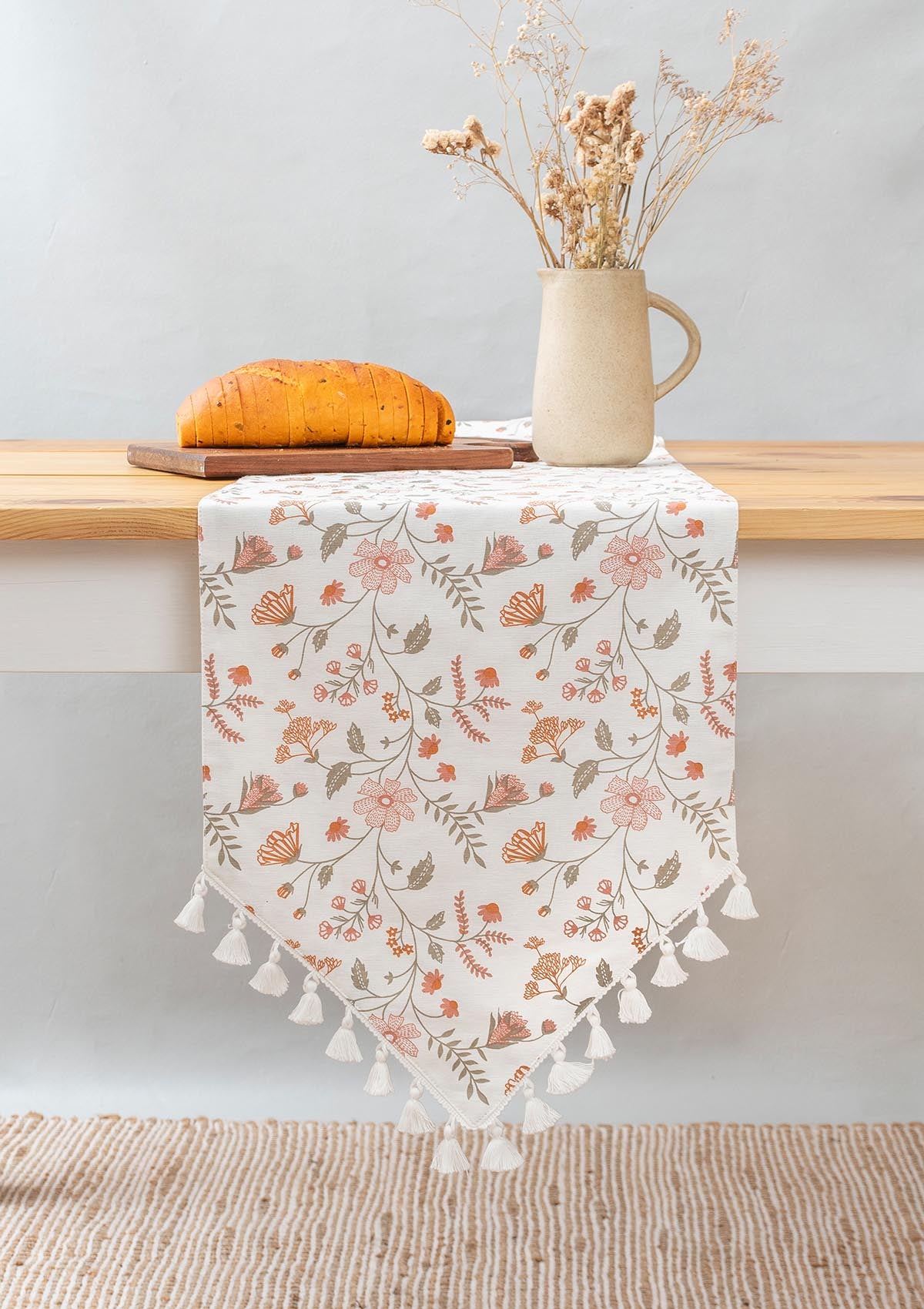 Forest bloom 100% cotton floral table runner for 4 seater or 6 seater Dining with tassels