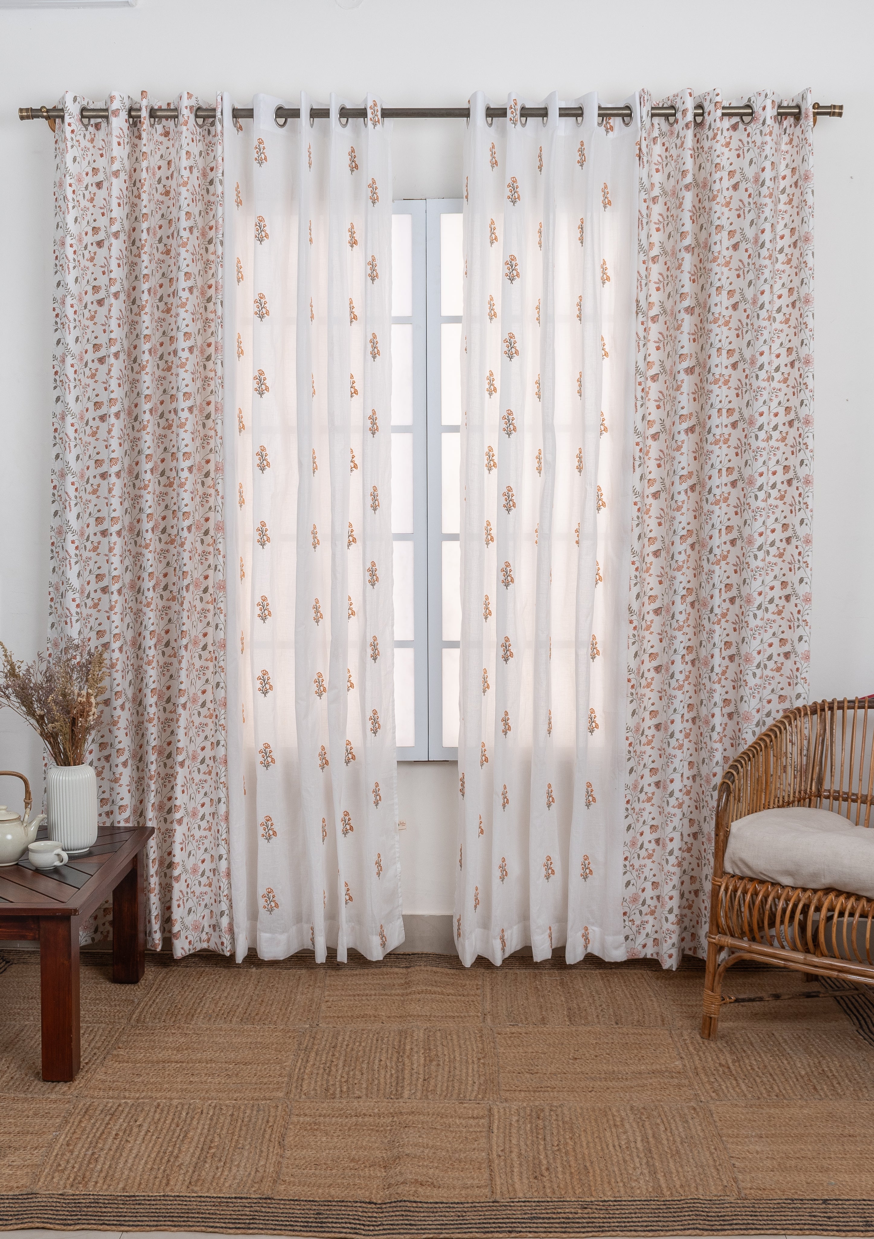 Forest bloom floral cotton curtain with Spring floral sheer orange 100% cotton curtains for living room - Set of 4