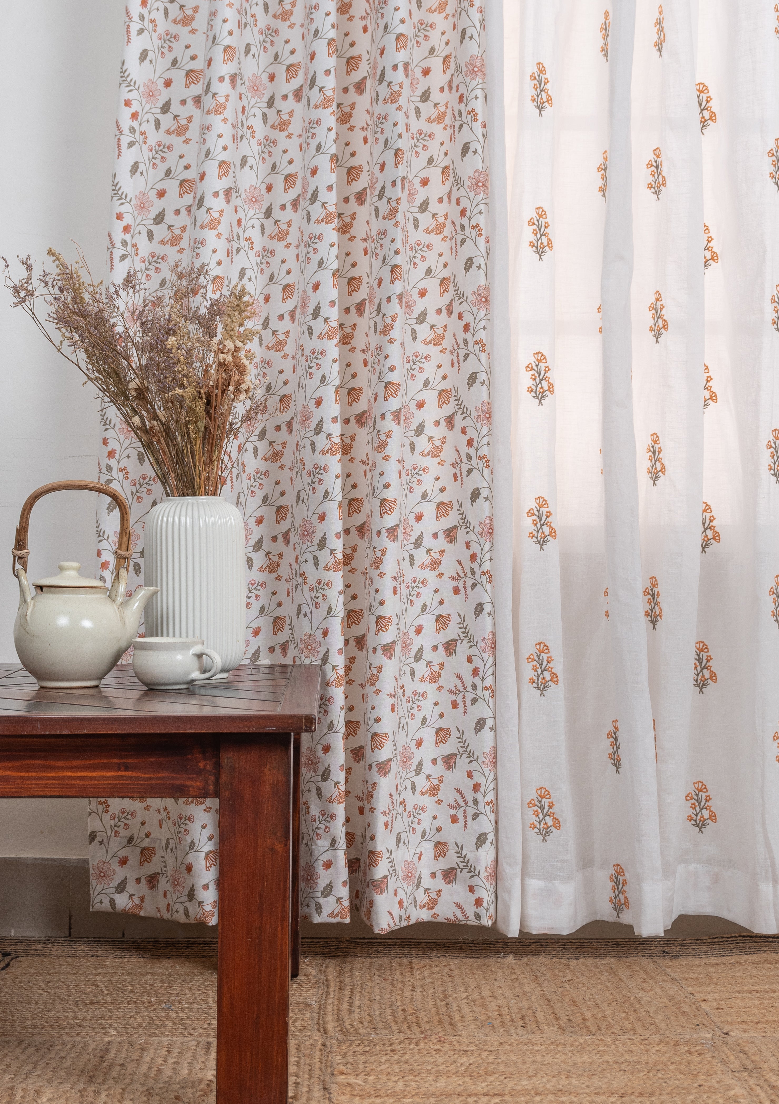 Forest bloom floral cotton curtain with Spring floral sheer orange 100% cotton curtains for living room - Set of 4