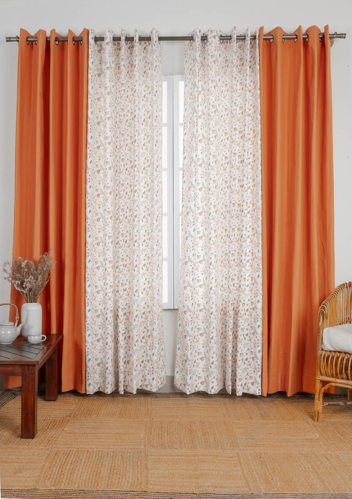 Forest bloom floral print with solid Orange 100% cotton curtains for living room - Set of 4
