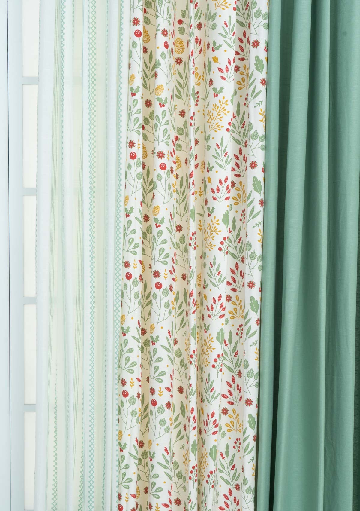 Sage Green, Foraged berries with picket fence Set of 6 Combo Cotton Curtain - Multicolor