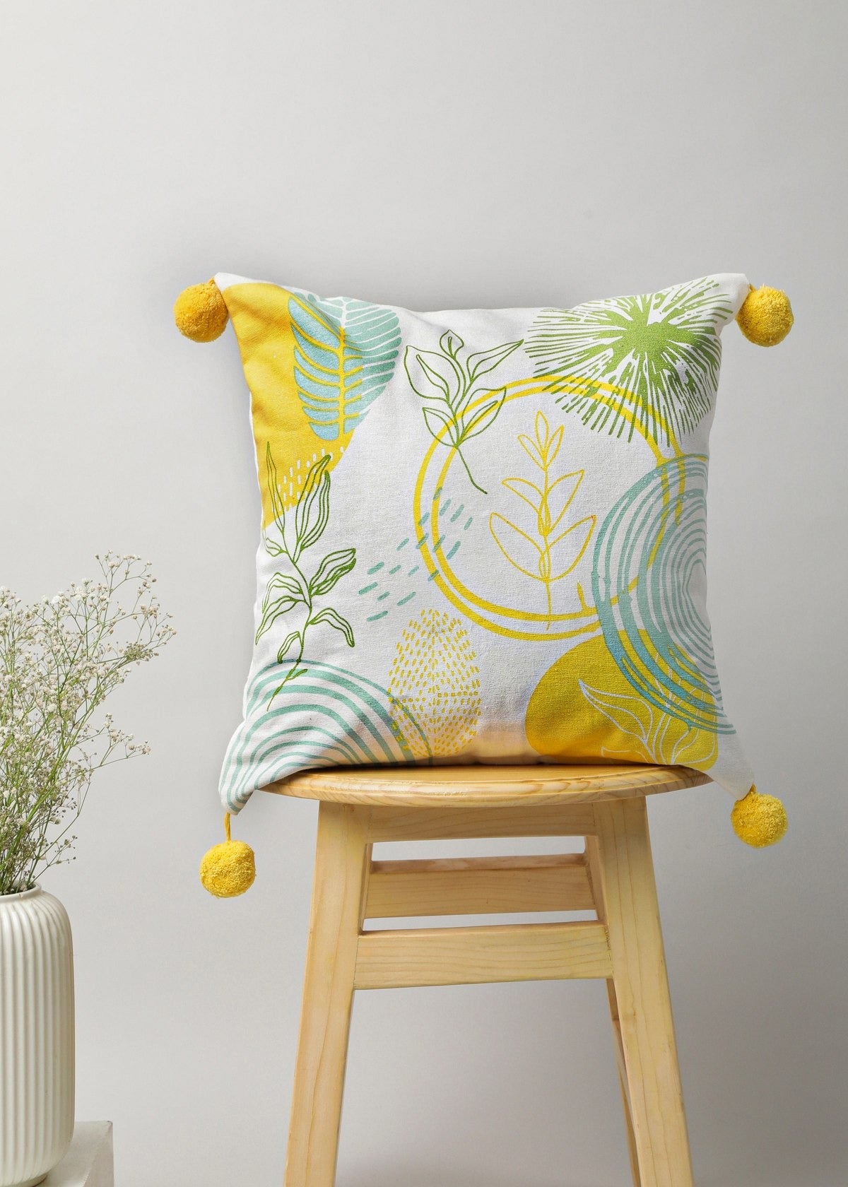 Free Spirit 100% cotton abstract cushion cover for sofa with yellow pom pom - Yellow