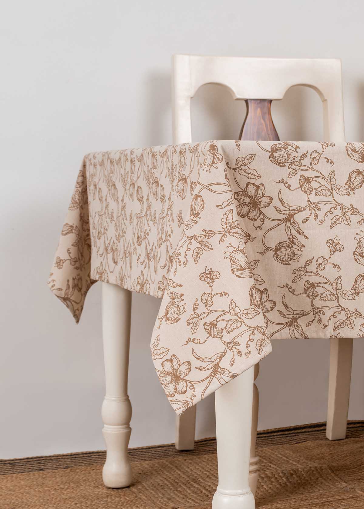 French farmhouse 100% cotton customisable floral table cloth for dining - Beige