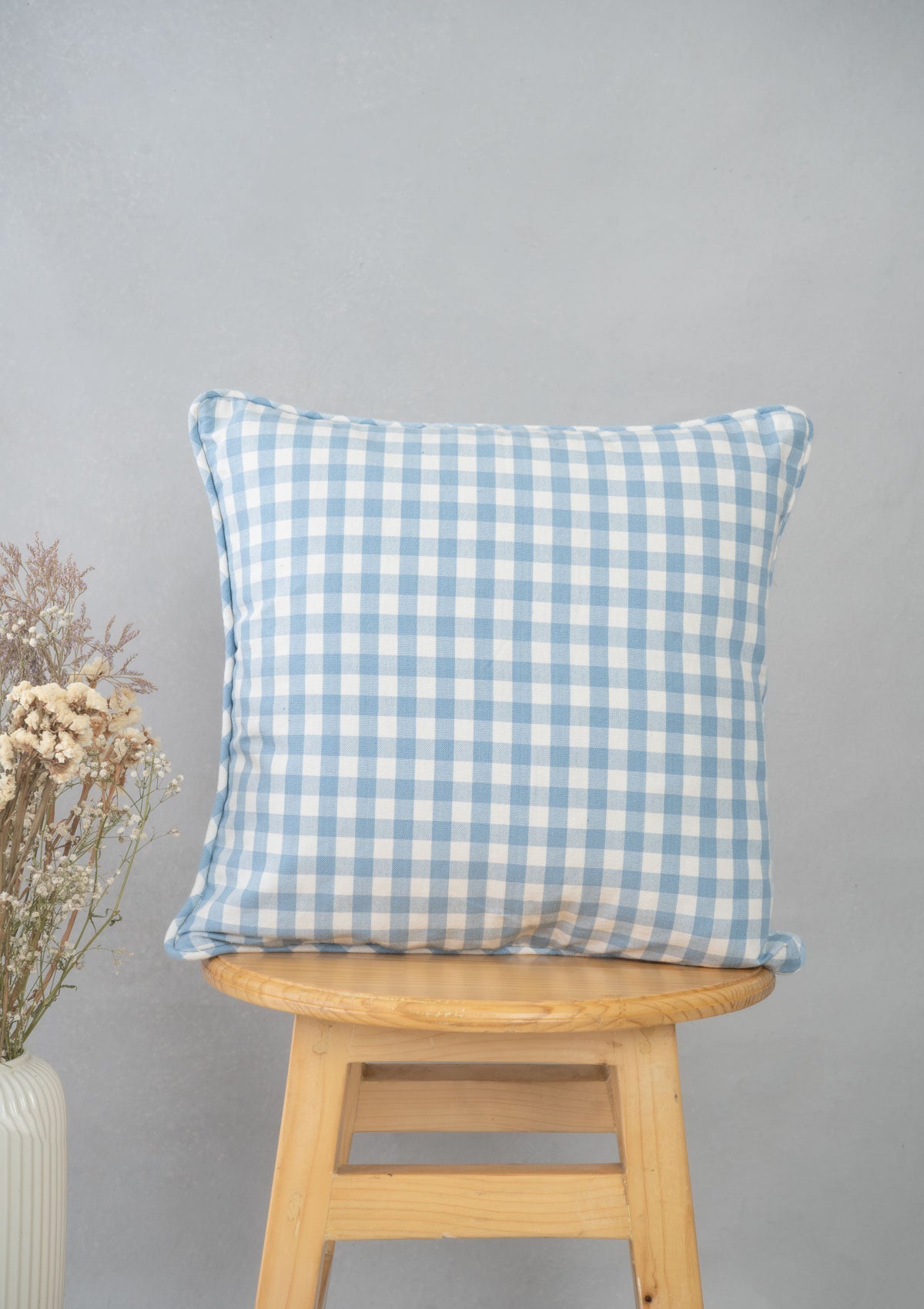 Gingham 100% cotton customisable geometric cushion cover for sofa - Powder blue