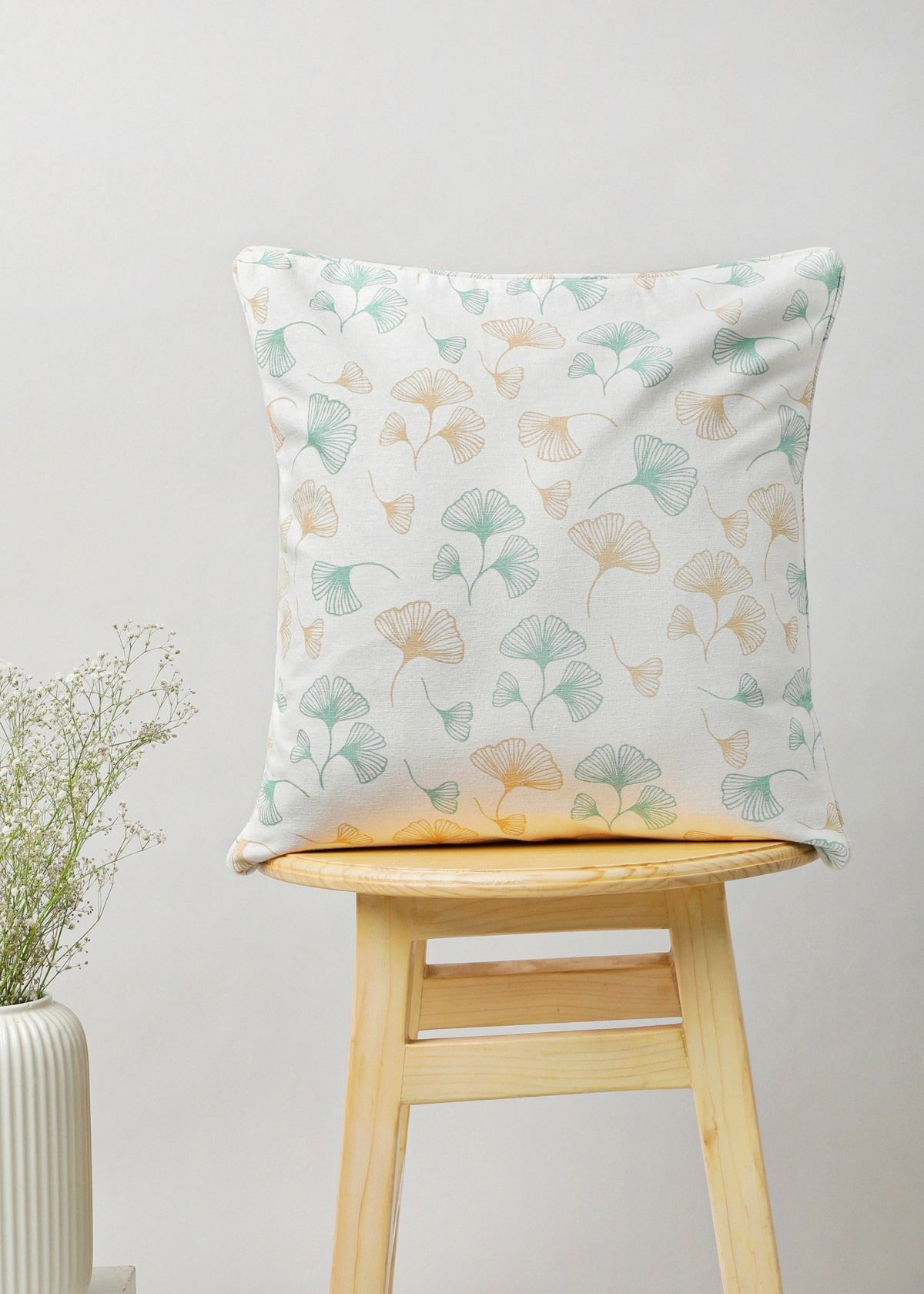 Gingko Printed Cotton Cushion Cover - Nile Blue