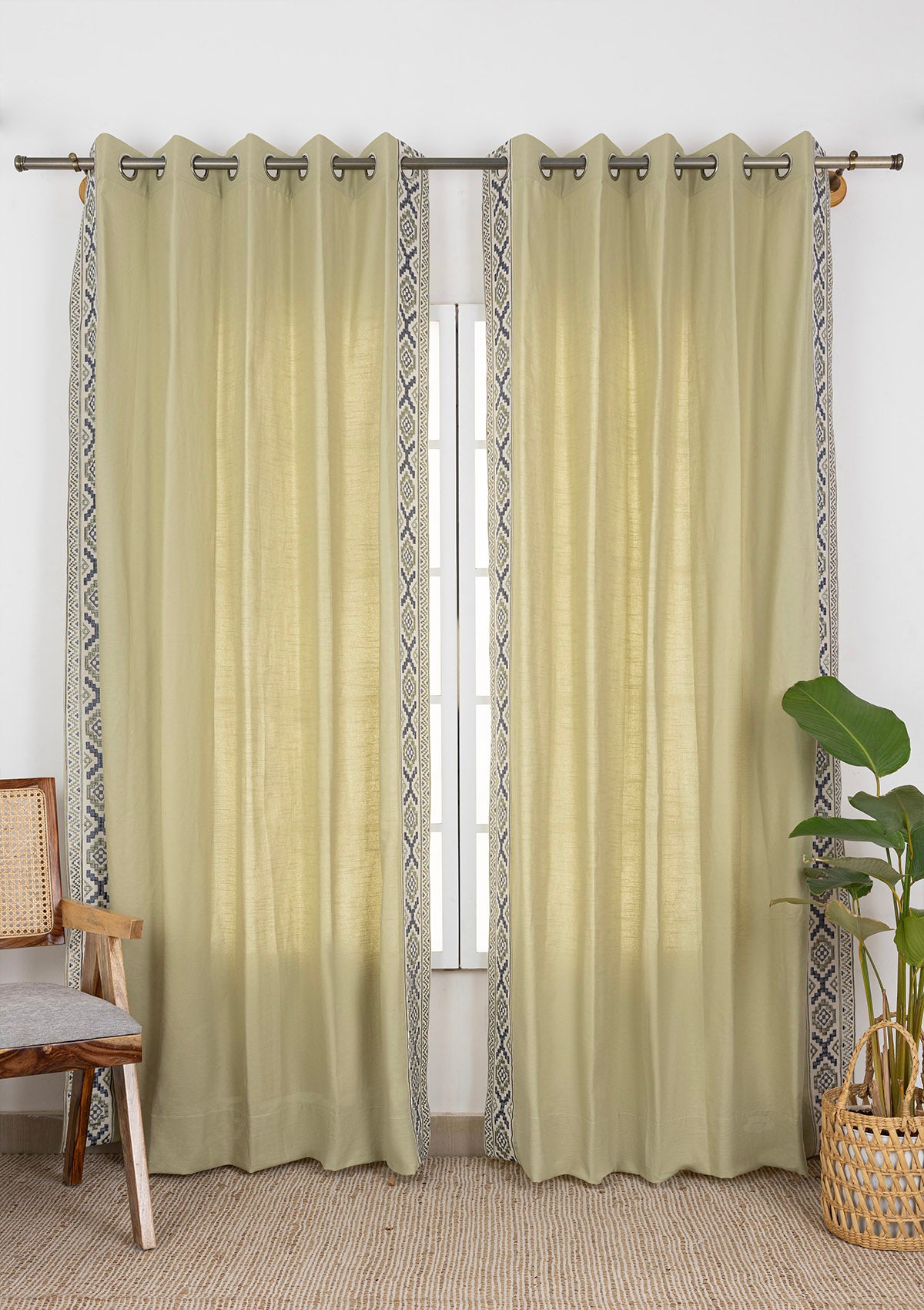 Glen Embroidered Trim Room Darkening & Dew Printed Sheer Light Filtering | 100% Cotton for Living Room & Bedroom | Herb Green | Combo Curtains | Pack of 4