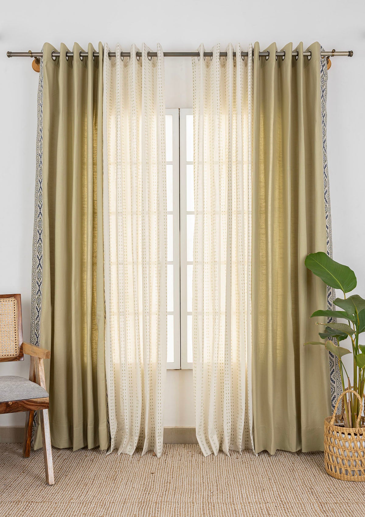 Glen Embroidered Trim Room Darkening & Dew Printed Sheer Light Filtering | 100% Cotton for Living Room & Bedroom | Herb Green | Pack of 4