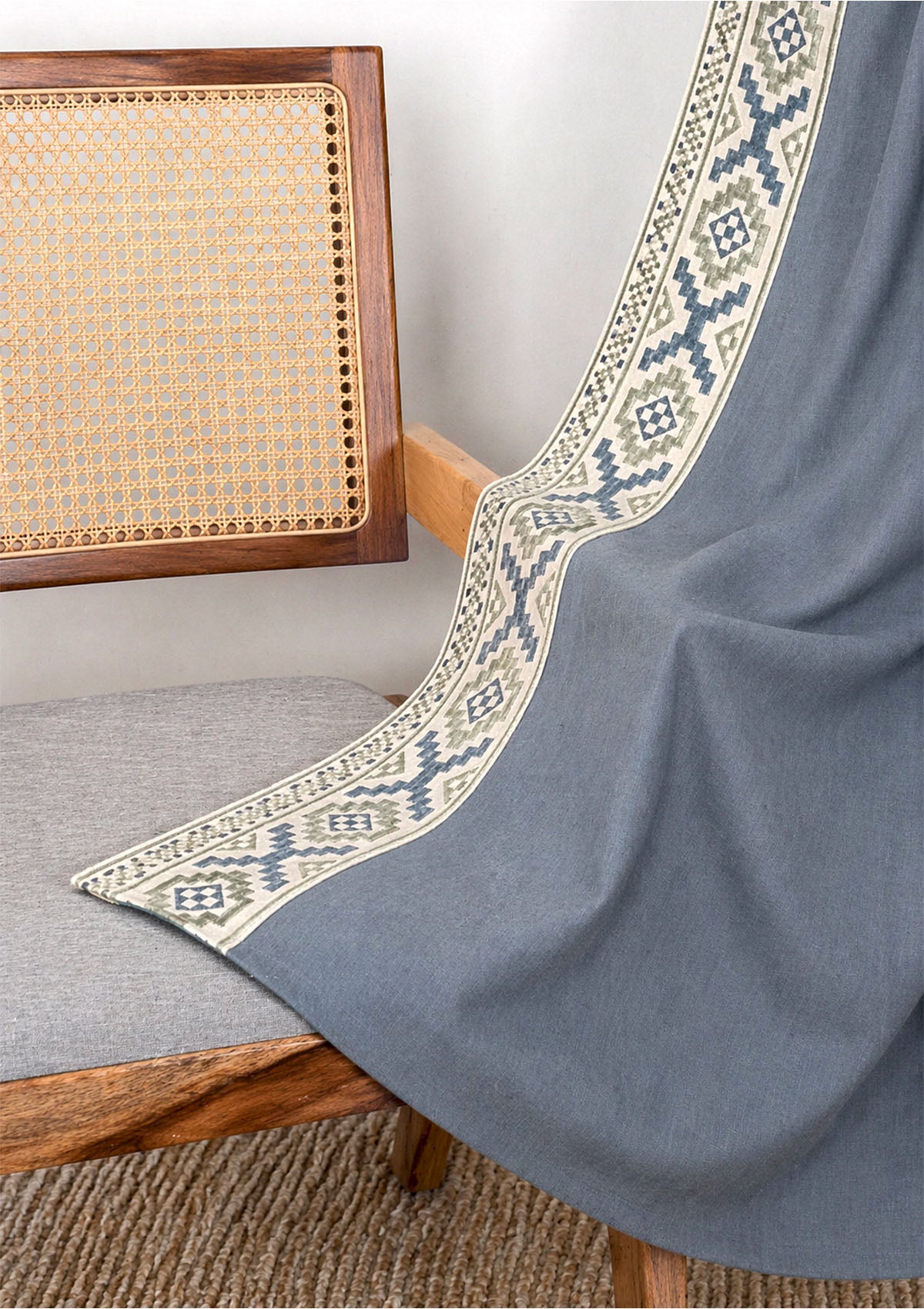 Glen Mist Blue Embroidered Trim 100% Cotton Curtain For Bedroom | Room Darkening | Single Piece