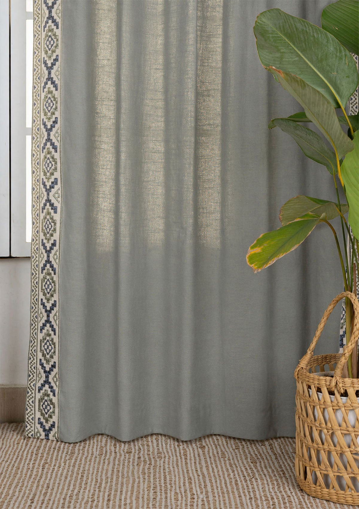 Glen Basil Green Embroidered Trim 100% Cotton Curtain For Living Room | Room Darkening | Single Piece
