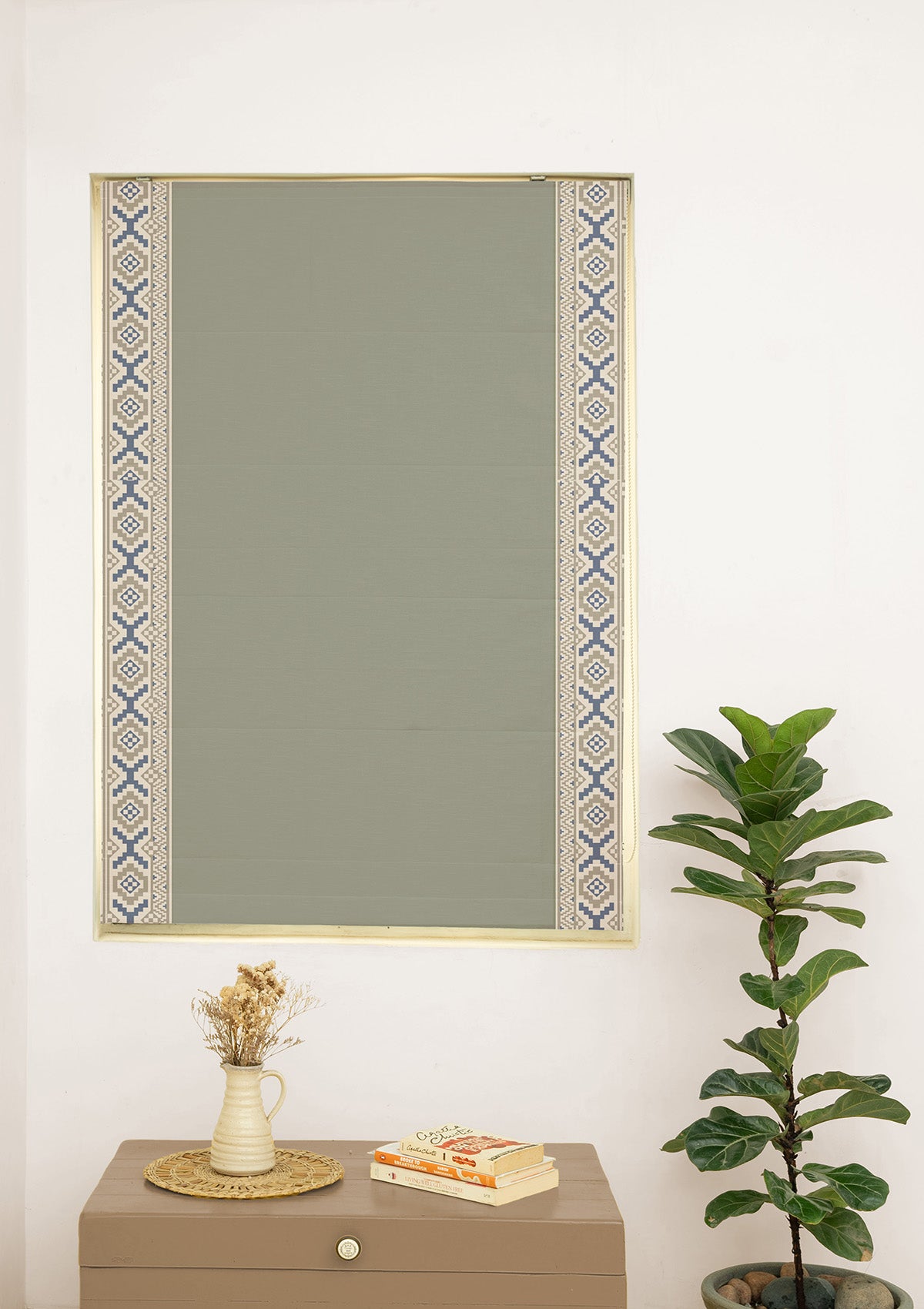 Glen Basil Green Embroidered Trim 100% Cotton Blind For Living Room | Room Darkening