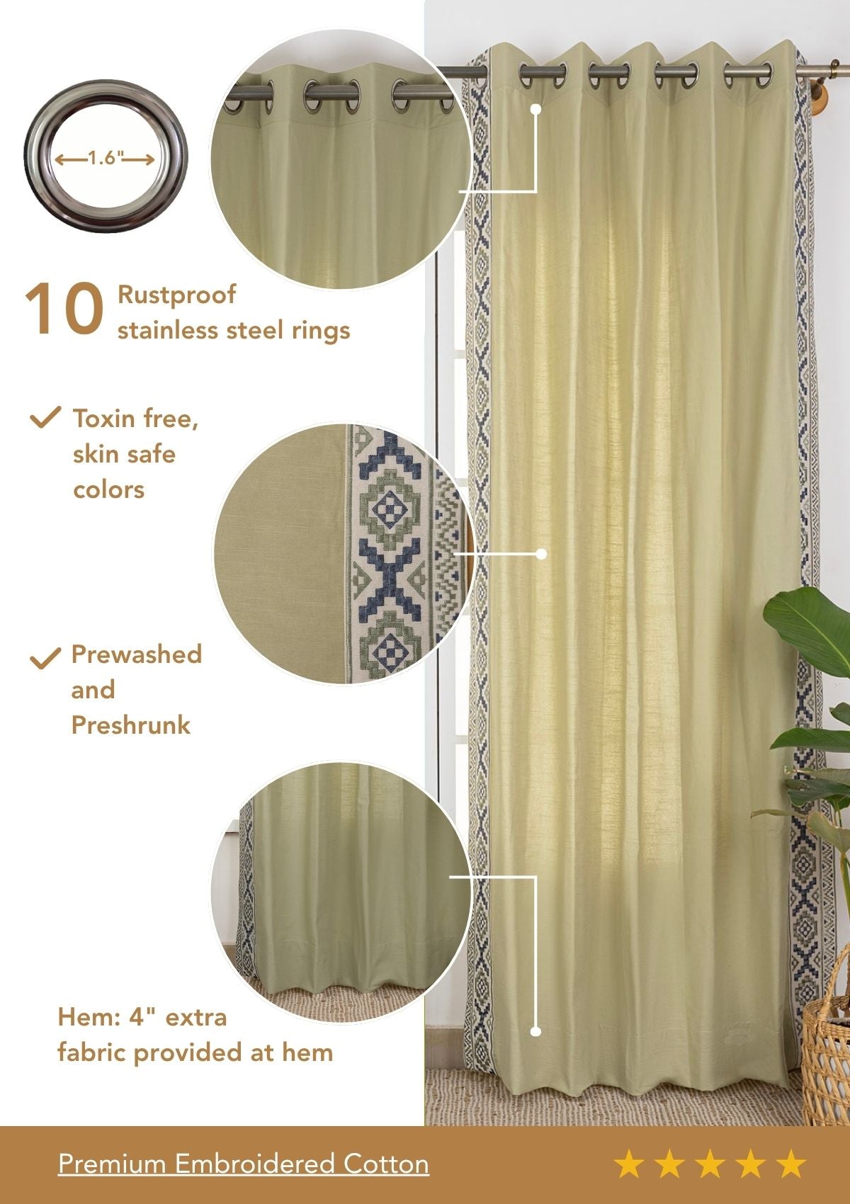 Glen Herb Green Embroidered Trim 100% Cotton Curtain For Living Room |Room Darkening | Single Piece
