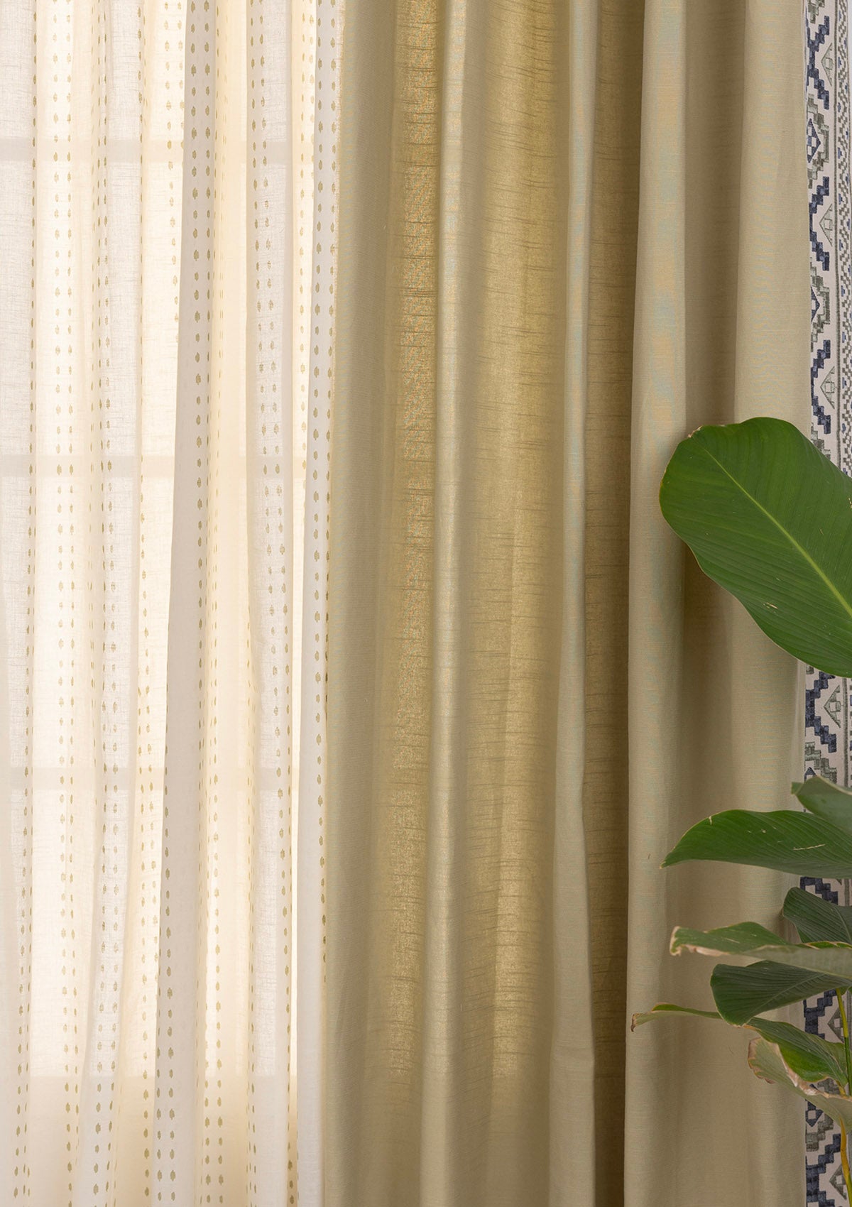 Glen Embroidered Trim Room Darkening & Dew Printed Sheer Light Filtering | 100% Cotton for Living Room & Bedroom | Herb Green | Pack of 4