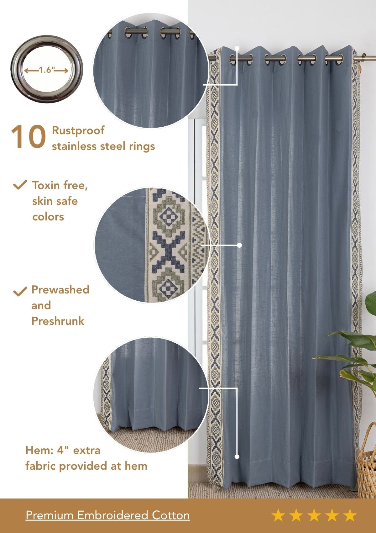 Glen Mist Blue Embroidered Trim 100% Cotton Curtain For Bedroom | Room Darkening | Single Piece