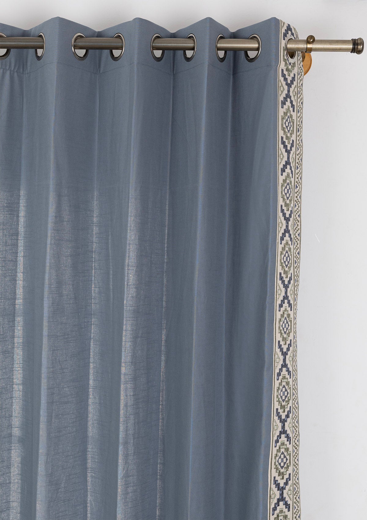 Glen Mist Blue Embroidered Trim 100% Cotton Curtain For Bedroom | Room Darkening | Single Piece
