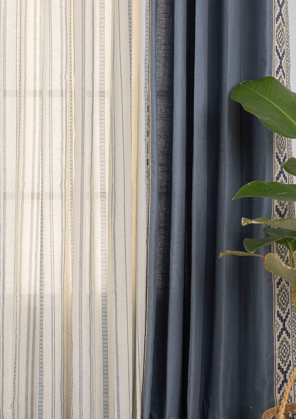 Glen Embroidered Trim Room Darkening & Still Water Printed Sheer Light Filtering | 100% Cotton for Living Room & Bedroom | Mist Blue | Pack of 4