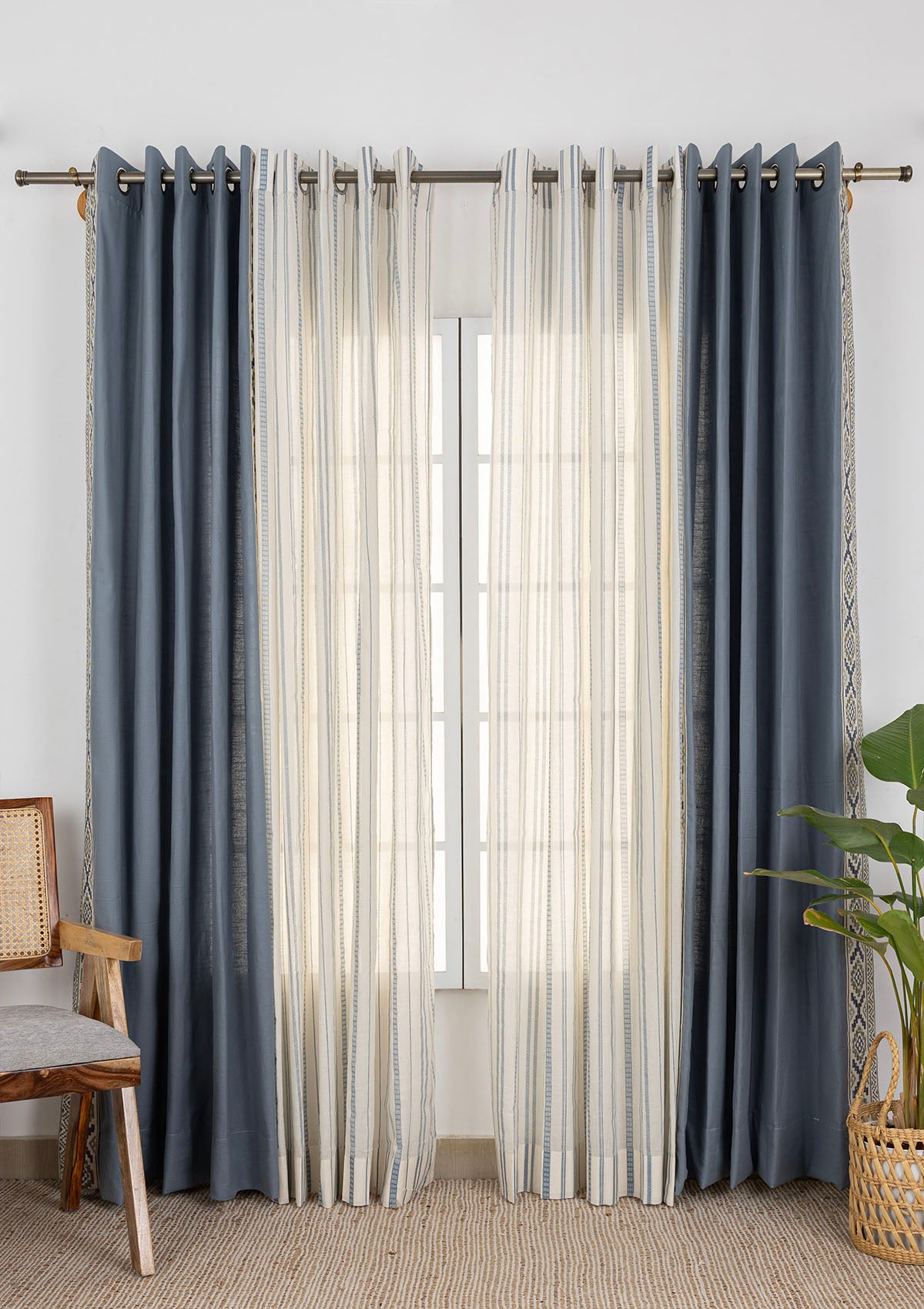 Glen Embroidered Trim Room Darkening & Still Water Printed Sheer Light Filtering | 100% Cotton for Living Room & Bedroom | Mist Blue | Pack of 4