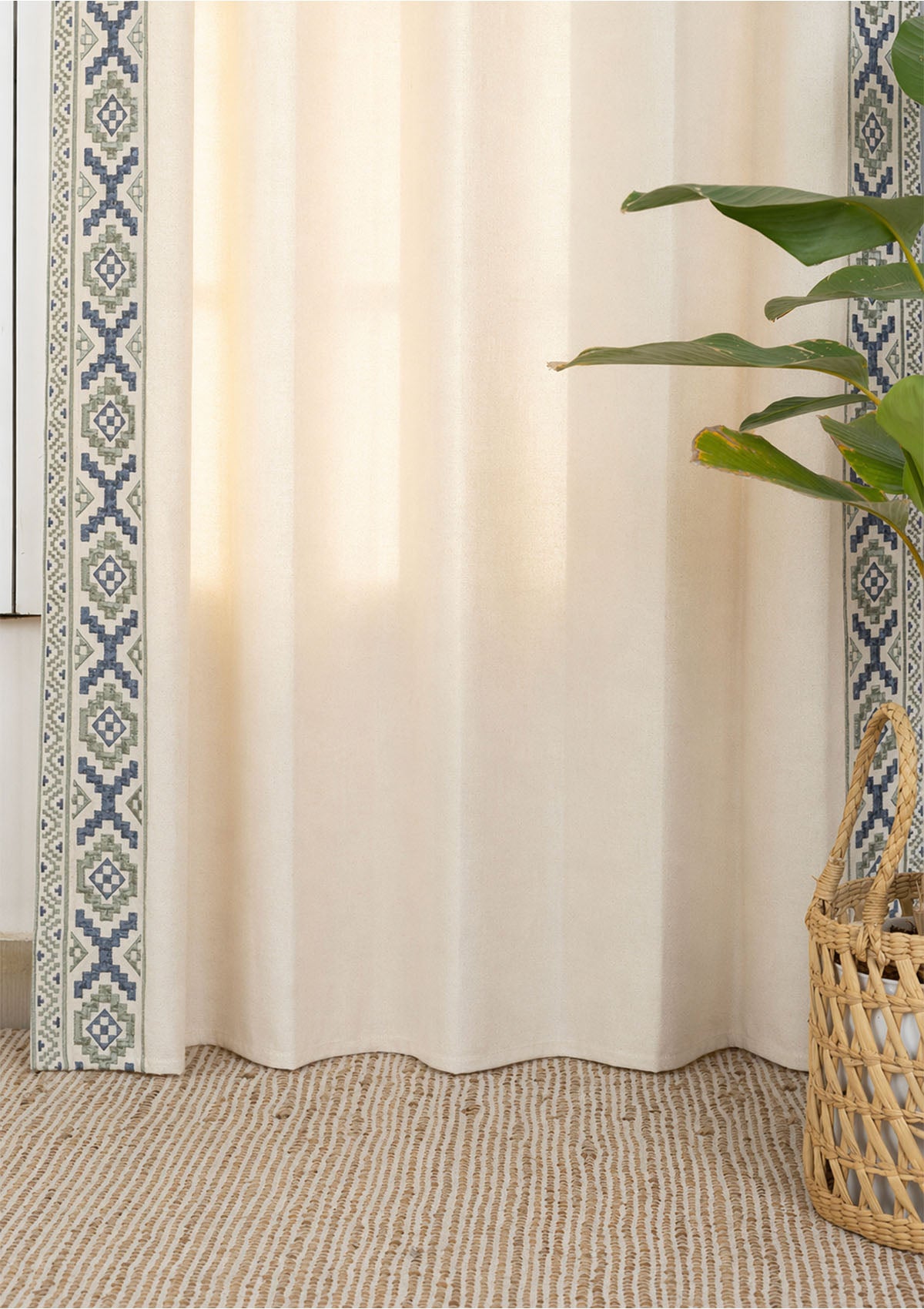 Glen Beige Embroidered Trim 100% Cotton Curtain For Living Room | Room Darkening | Single Piece