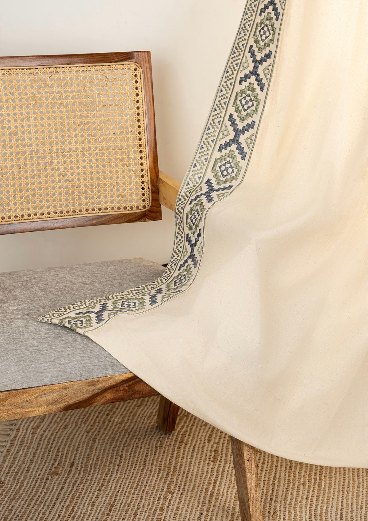 Glen Beige Embroidered Trim 100% Cotton Curtain For Living Room | Room Darkening | Single Piece