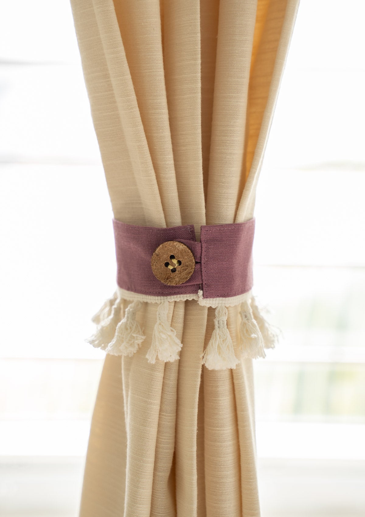 Grape Solid 100% Cotton curtain tie back with Coconut shell button and tassels - Pack of 2