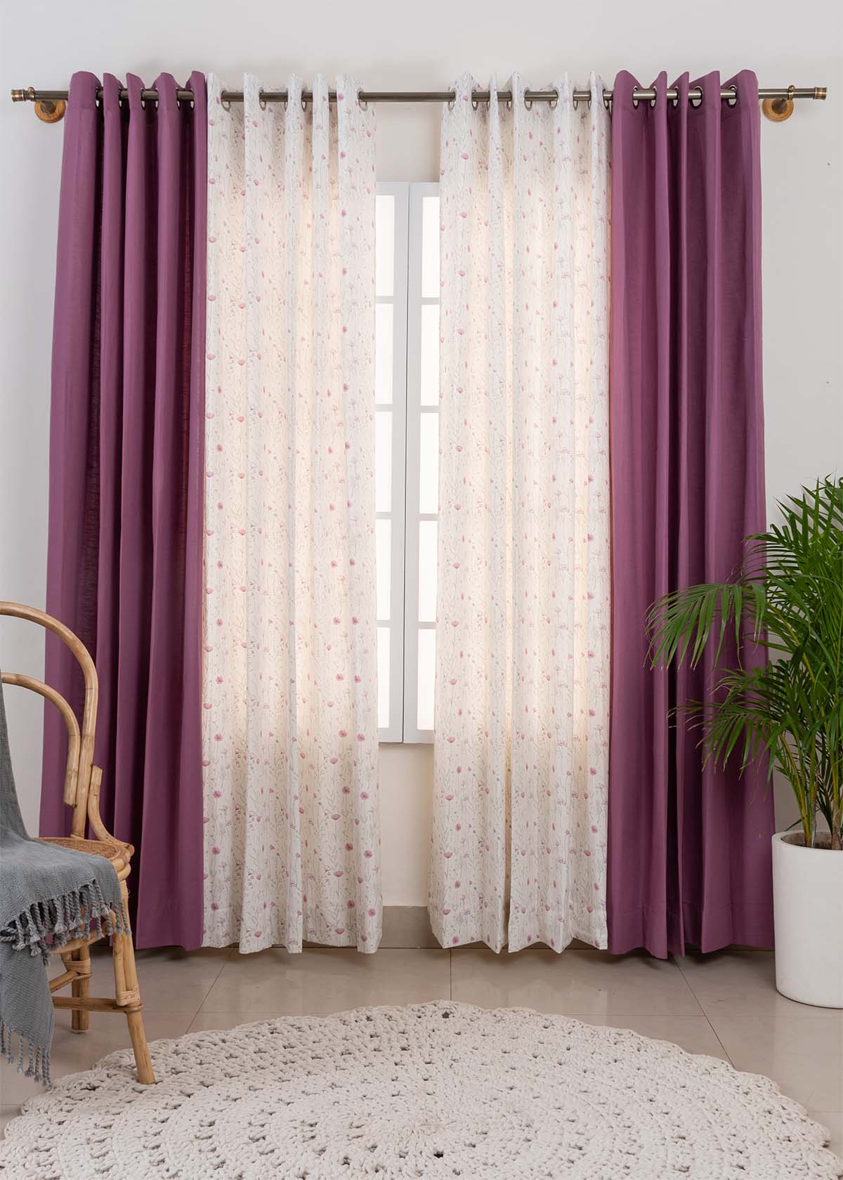 Grape Solid, Drifting Dandelion Set of 4 Combo Cotton Curtain - Grape Lavender