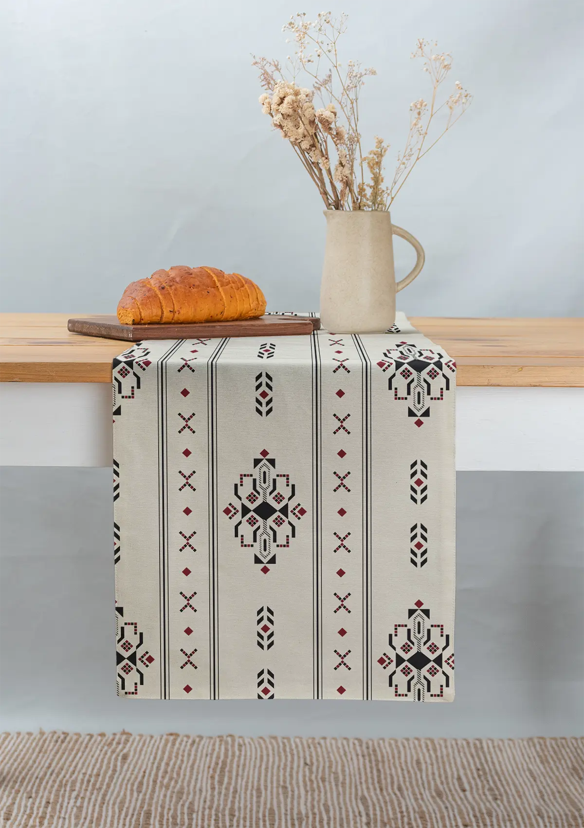 Gypsy 100% cotton geometric table runner for 4 seater or 6 seater dining - Black
