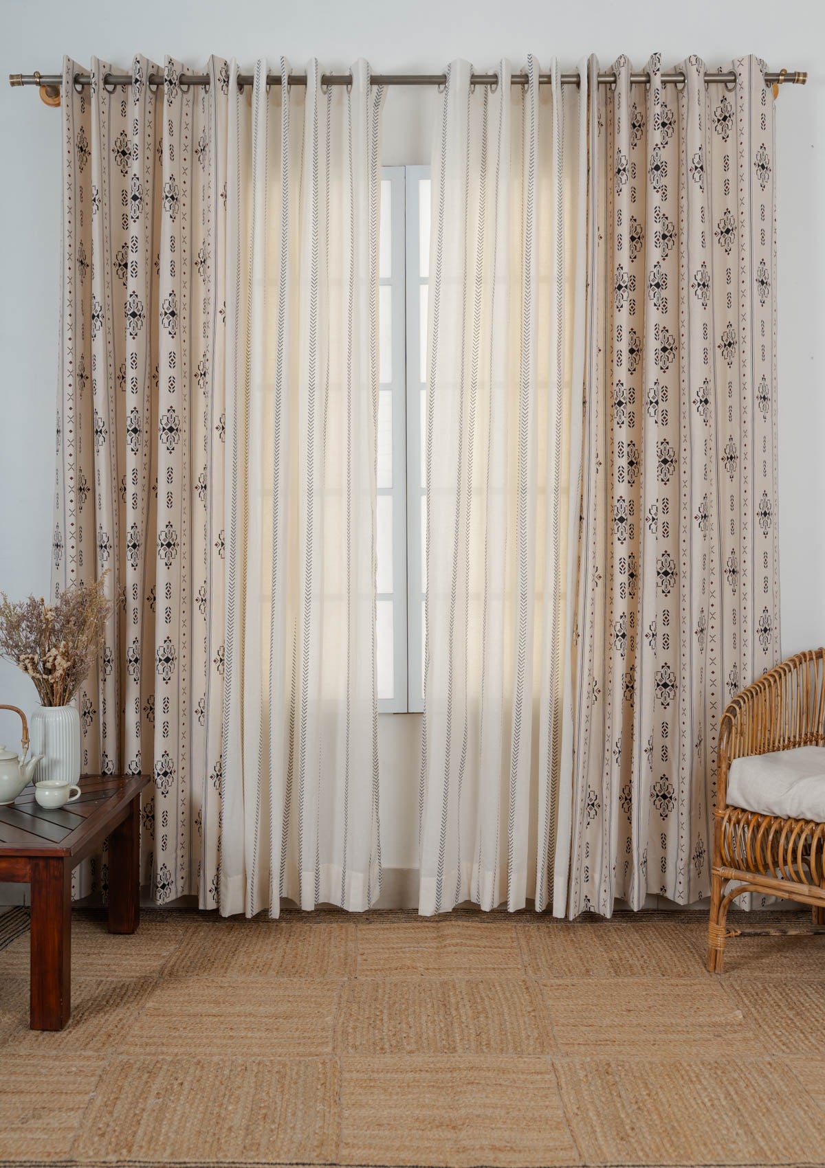 Gypsy floral cotton curtain with Spear geometric sheer 100% cotton curtains for living room - Set of 4