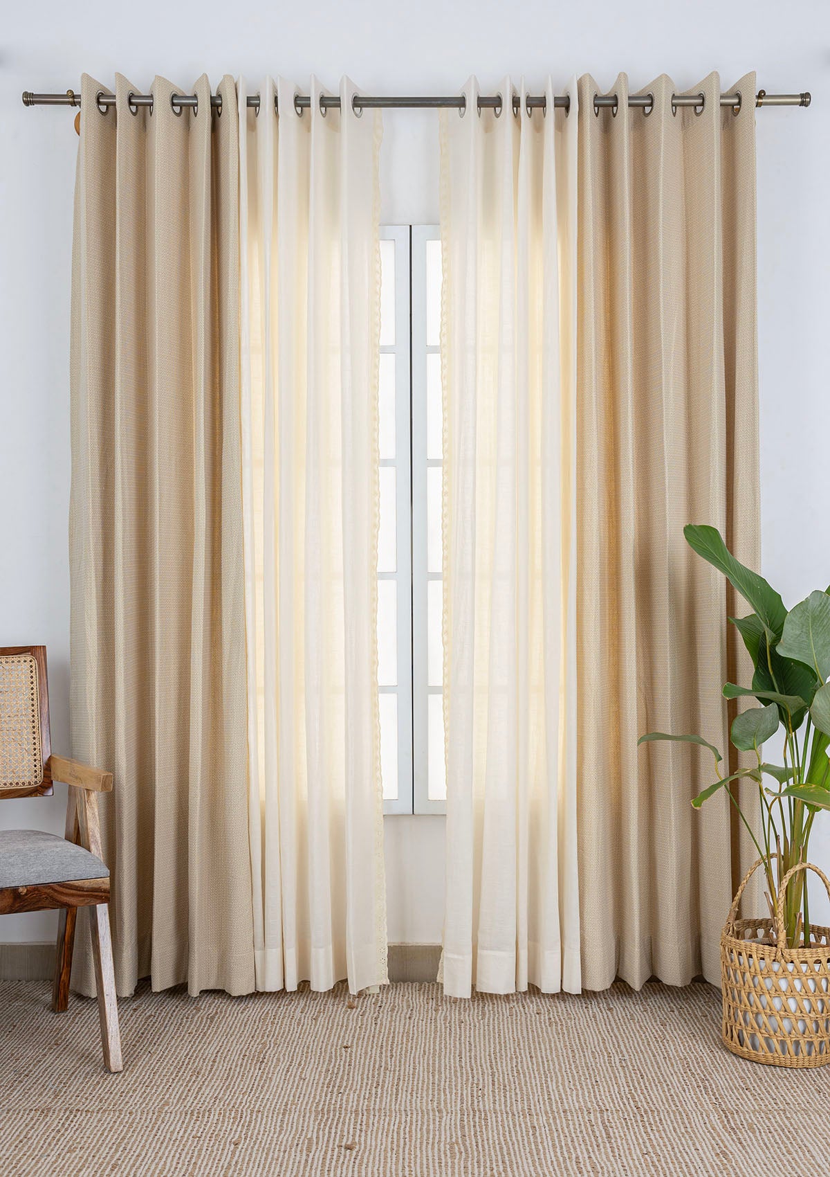 Hakoba Solid Lace Trim Room Darkening & Vanilla Solid Textured Room Darkening |100% Cotton for Living Room & Bedroom | Cream & Beige | Pack of 4