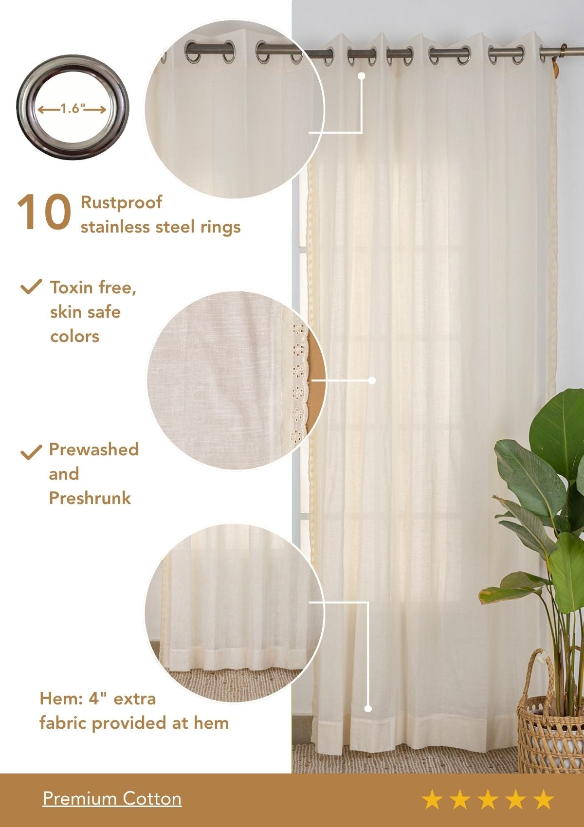 Hakoba Cream Sheer Lace Trim 100% Cotton Curtain For Living Room | Room Darkening | Single Piece