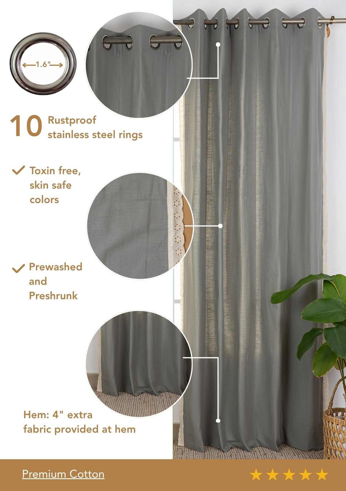 Hakoba Basil Green Solid Lace Trim 100% Cotton Curtain For Bedroom | Room Darkening | Single Piece