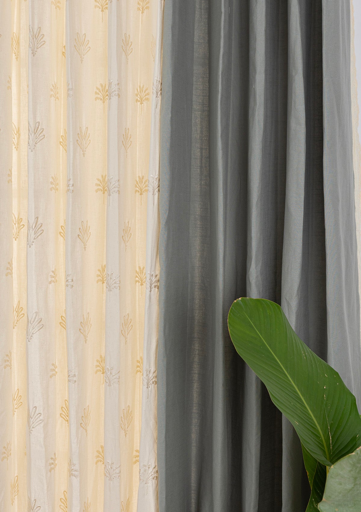 Hakoba Solid Lace Trim Room Darkening & Silva Embroidered Sheer Light Reduction | 100% Cotton for Living Room & Bedroom | Basil Green & Beige | Pack of 4