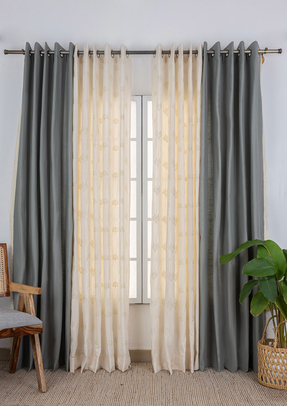 Hakoba Solid Lace Trim Room Darkening & Silva Embroidered Sheer Light Reduction | 100% Cotton for Living Room & Bedroom | Basil Green & Beige | Pack of 4