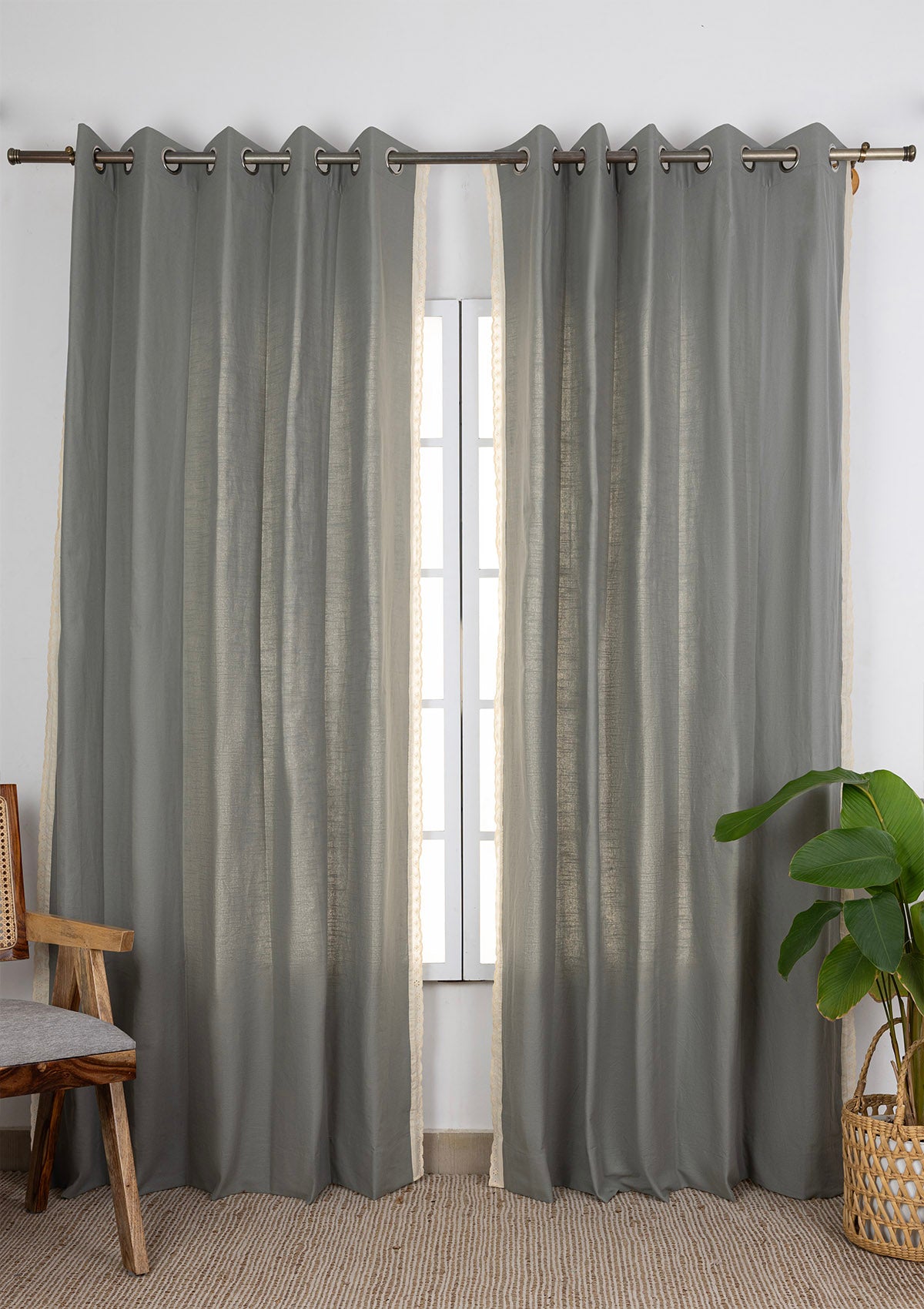 Hakoba Solid Lace Trim Room Darkening & Silva Embroidered Sheer Light Reduction | 100% Cotton for Living Room & Bedroom | Basil Green & Beige | Combo Curtains | Pack of 4