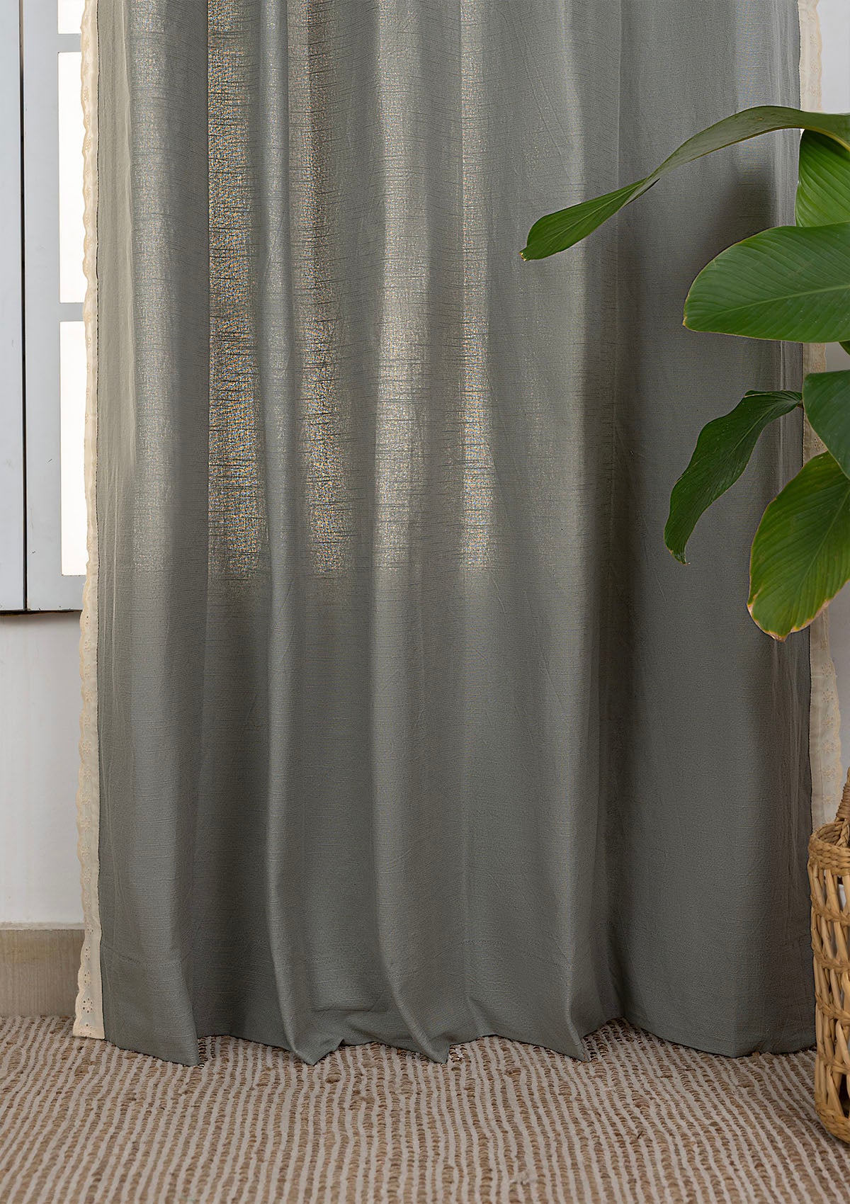 Hakoba Basil Green Solid Lace Trim 100% Cotton Curtain For Bedroom | Room Darkening | Single Piece