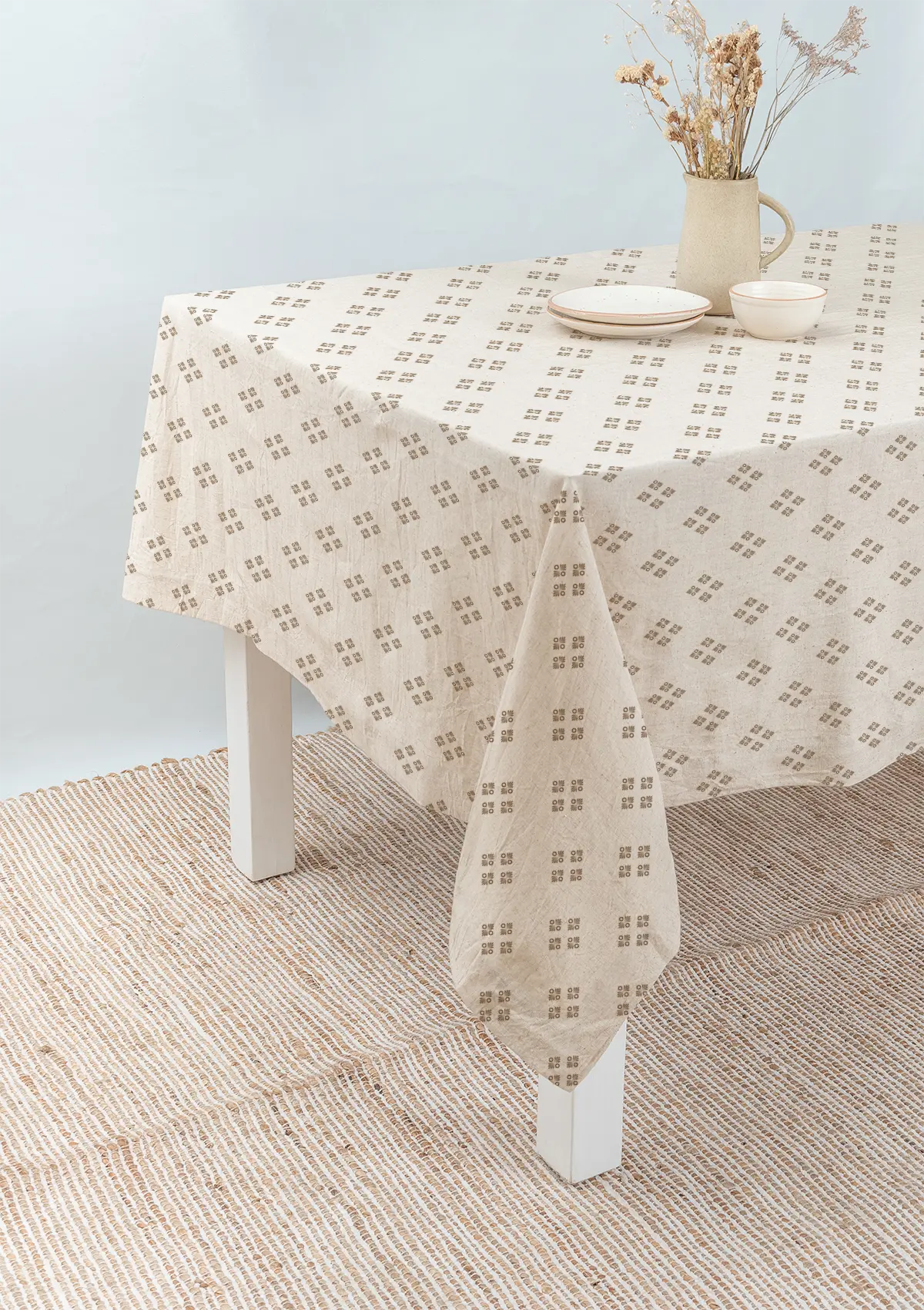 Harvest linen cotton customisable geometric table cloth for dining - Brown