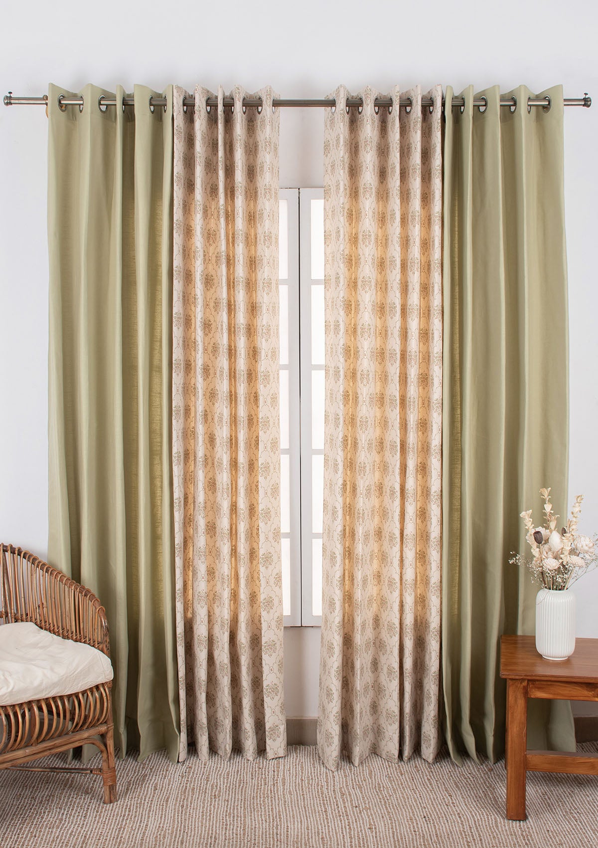 Herb Green Solid & Fable Multicolor Floral-Geometric - 100% Cotton Room-Darkening Curtains for Living Room & Bedroom - Pack of 4