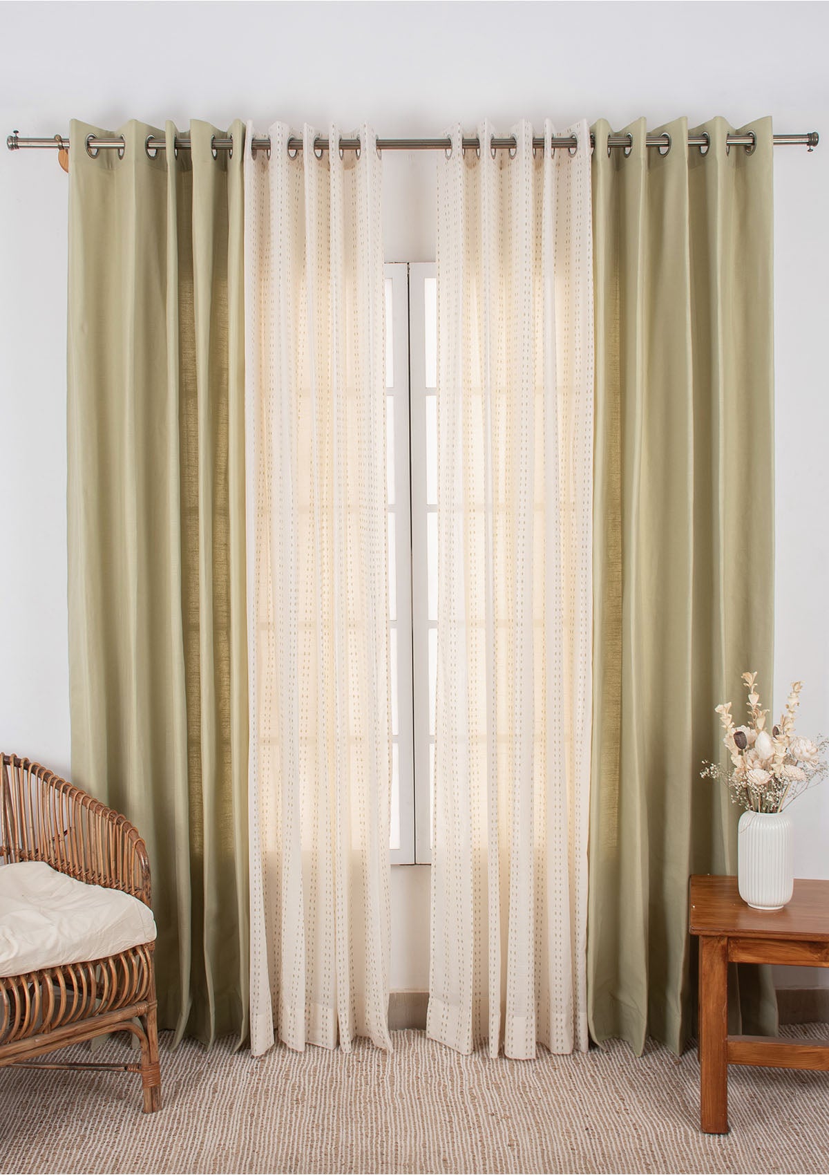 Herb Green Solid Room-Darkening & Dew Herb Green Minimal Sheer - 100% Cotton Curtains for Living Room & Bedroom - Pack of 4