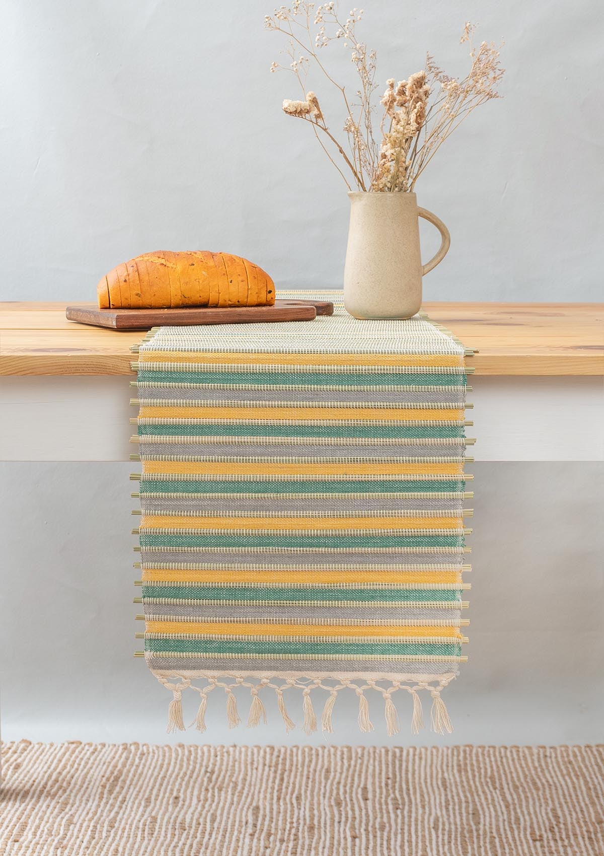 Hues woven grass boho table runner for 4 seater or 6 seater dining - Multicolor