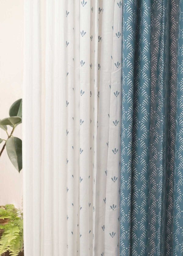 Pergola Indigo, Aniseed Indigo Sheer,Warm White Solid Sheer Set Of 6 Combo Cotton Curtain - Indigo, White