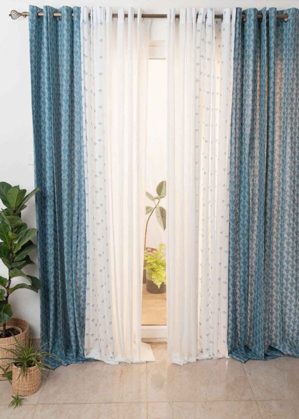 Pergola Indigo, Aniseed Indigo Sheer,Warm White Solid Sheer Set Of 6 Combo Cotton Curtain - Indigo, White