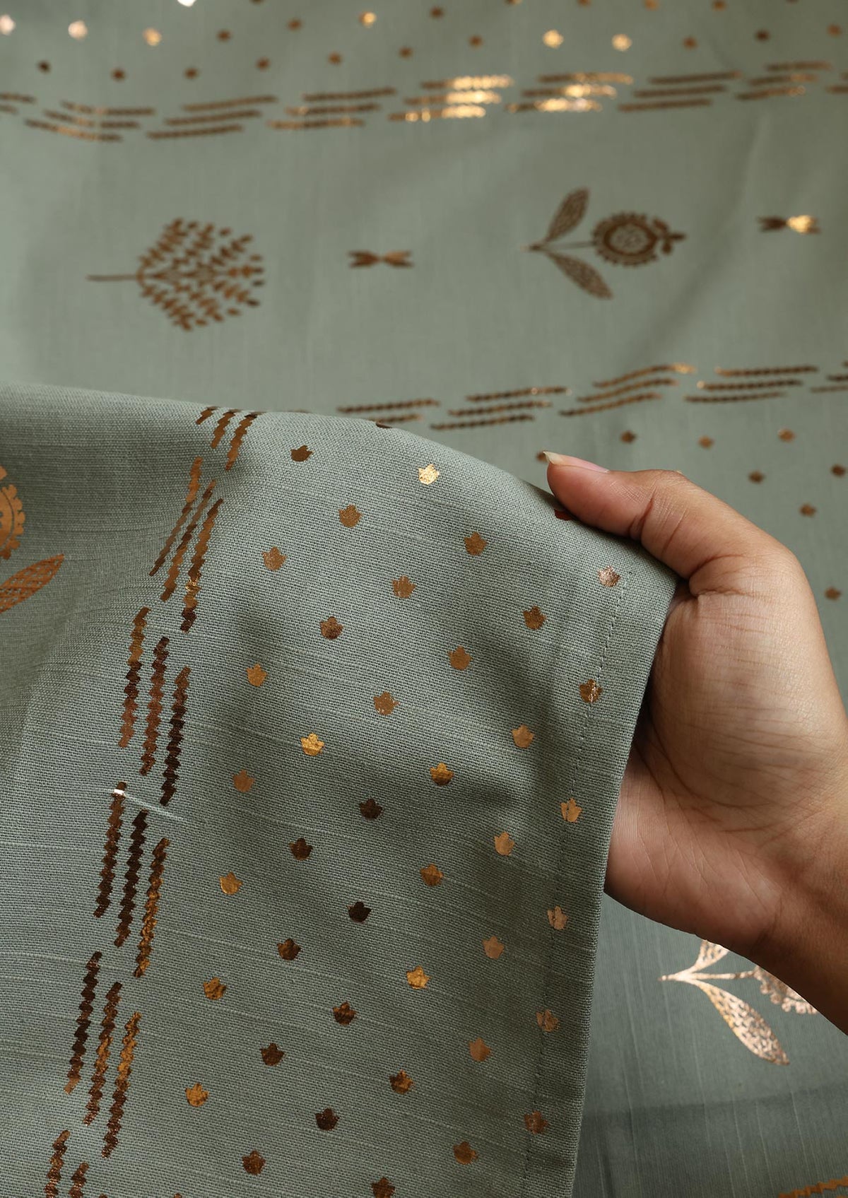 Iniya Green & Copper | 100% Cotton Foil Print | Room Darkening Fabric
