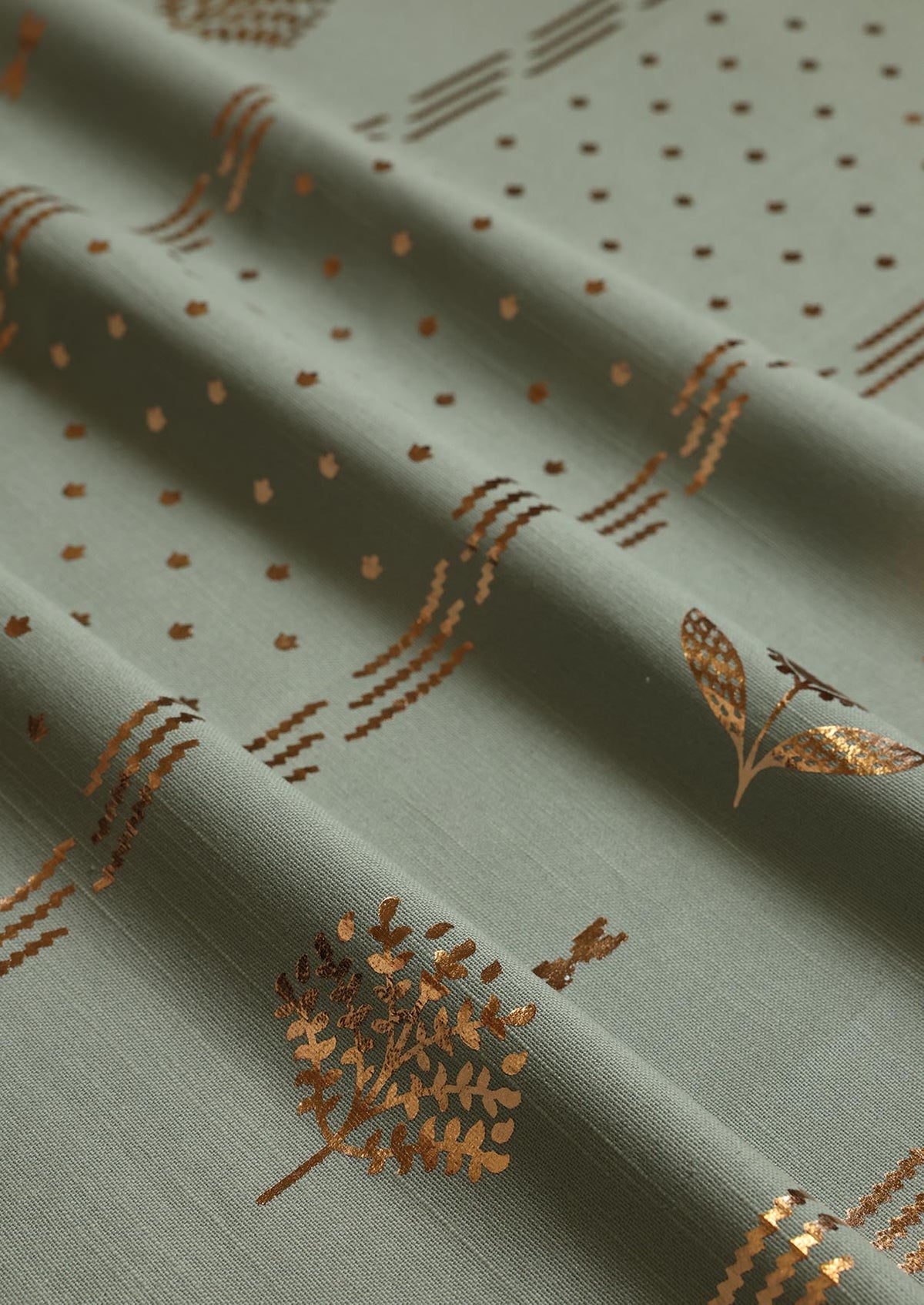 Iniya Green & Copper | 100% Cotton Foil Print | Room Darkening Fabric