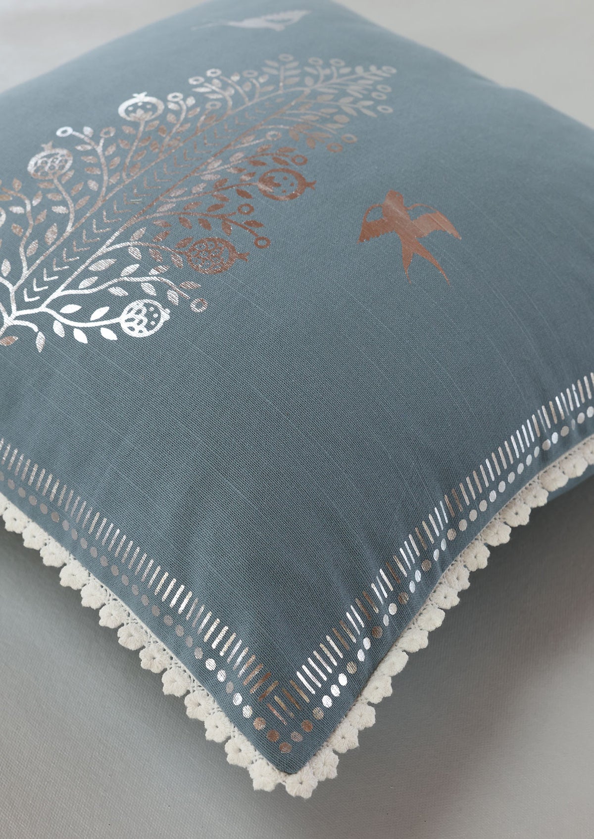 Ivan Blue | Foil Silver Printed Floral |100% Cotton Cushion Cover For Sofa