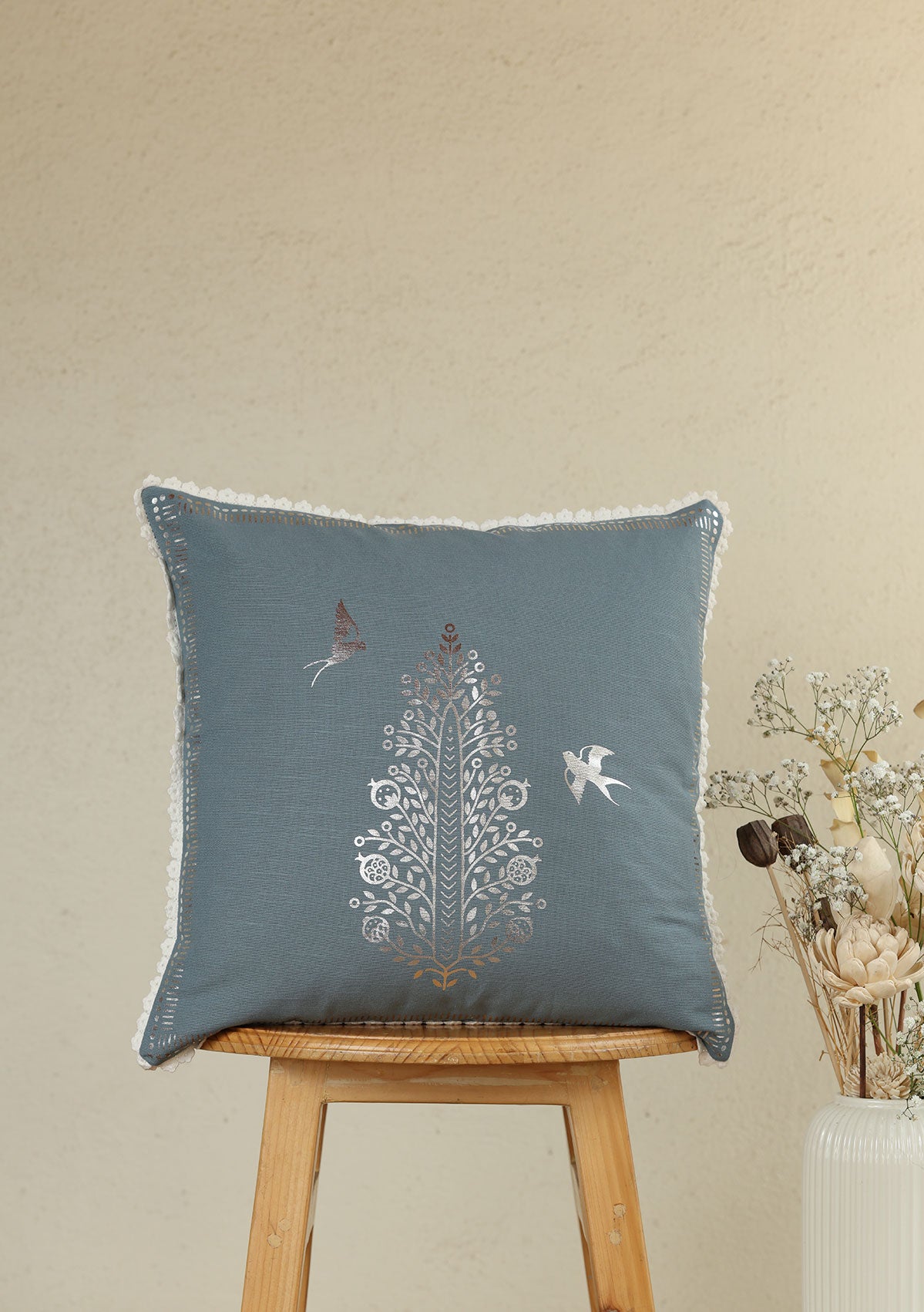 Ivan Blue | Foil Silver Printed Floral |100% Cotton Cushion Cover For Sofa
