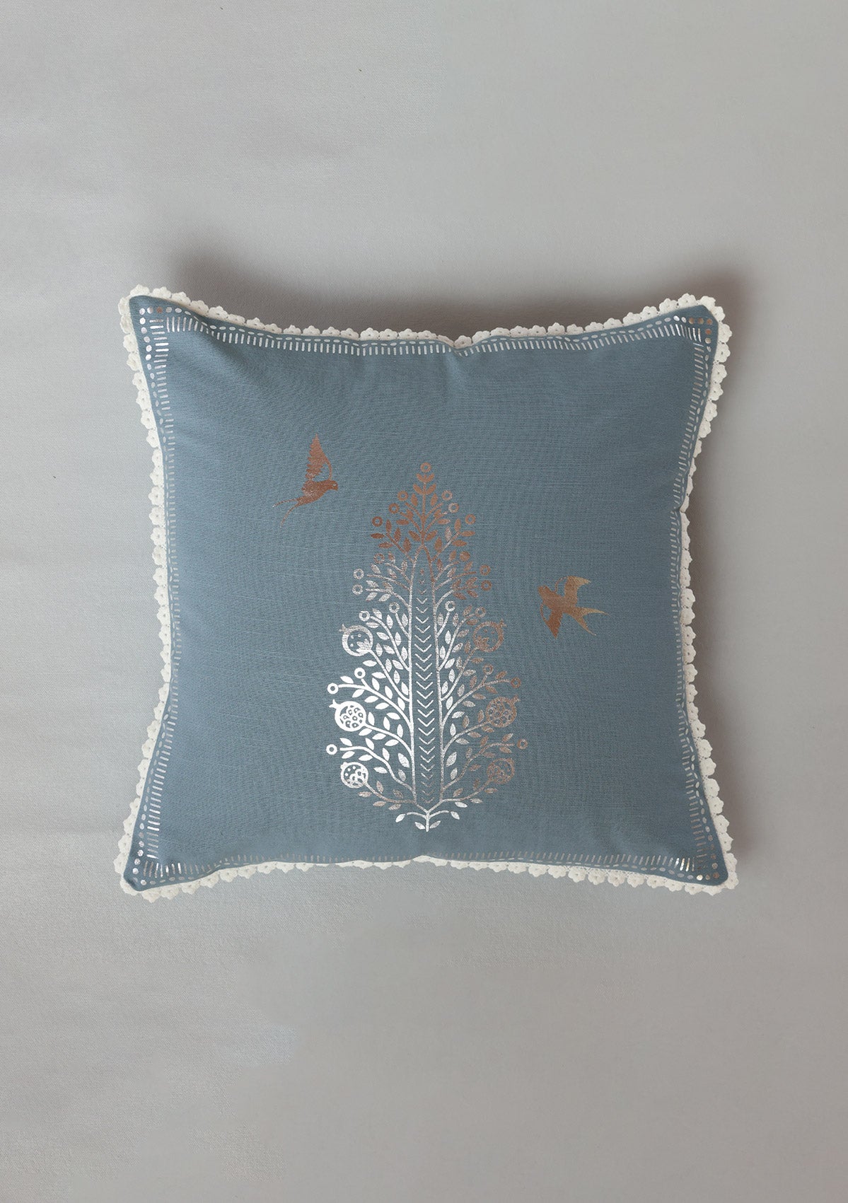 Ivan Blue | Foil Silver Printed Floral |100% Cotton Cushion Cover For Sofa