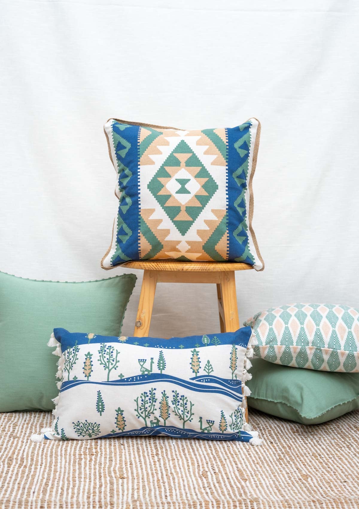 Jungle 100% cotton embroidered boho cushion cover combo set for sofa- Indigo and green