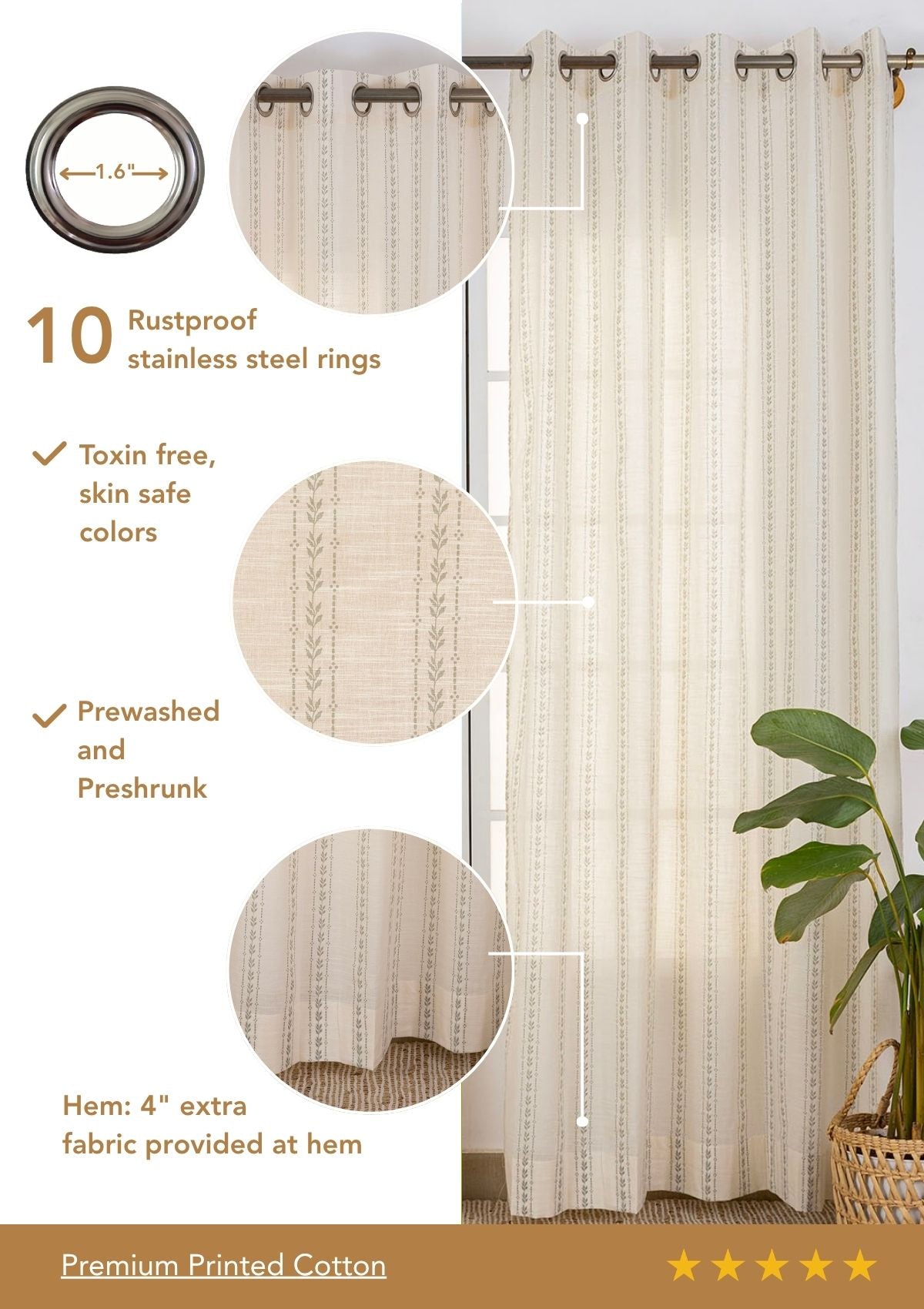 Juniper Green Floral Printed 100% Cotton Sheer Curtain For Living Room | Light Reduction | Single Piece