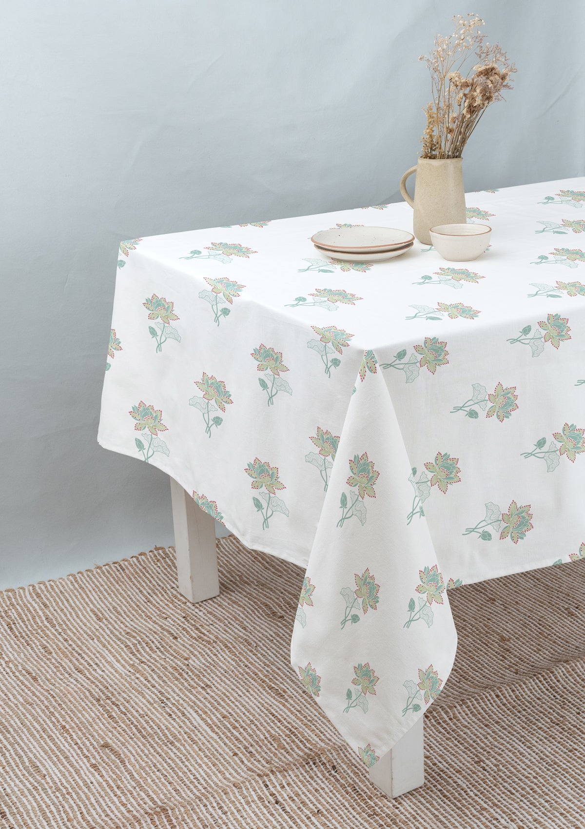 Kamala Floral Printed 100% Cotton Table cloth for 4 seater, 6 seater and 8 seater dining - Nile blue and Leaf Green