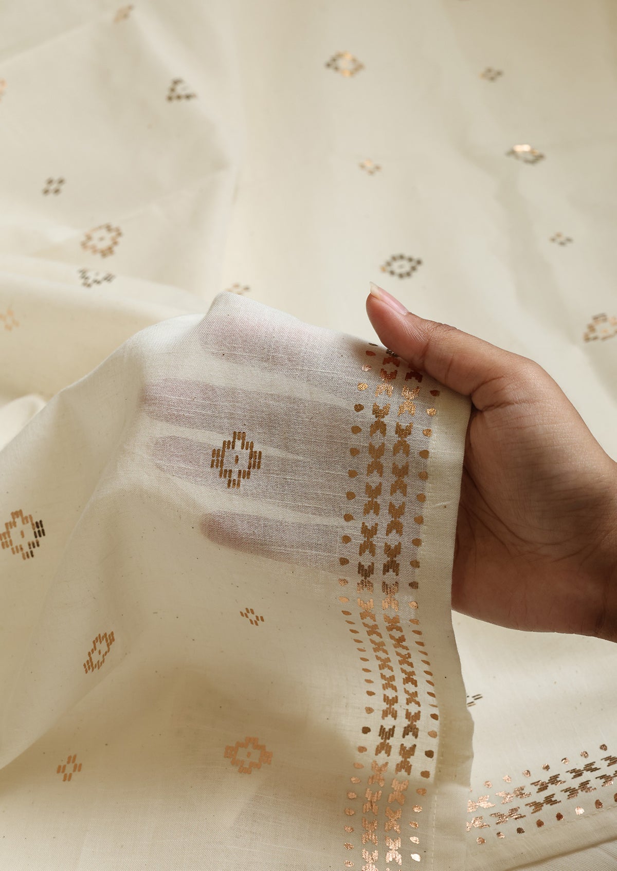 Kani Beige & Copper | 100% Cotton Sheer Foil Print | Light Filtering Fabric