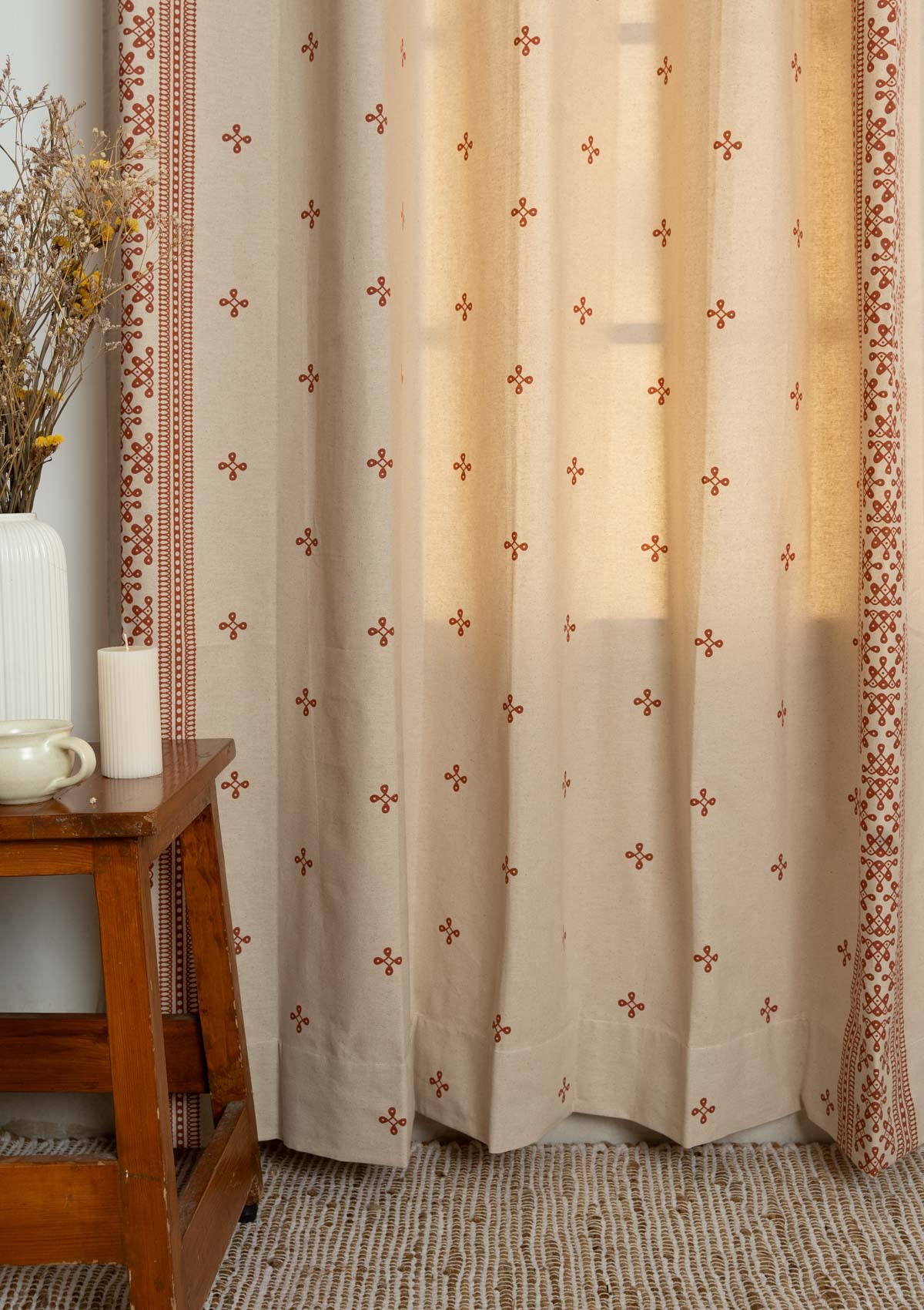 Kolam minimal Printed 100% Cotton Curtain for Living Room and Bedroom -  Brick red